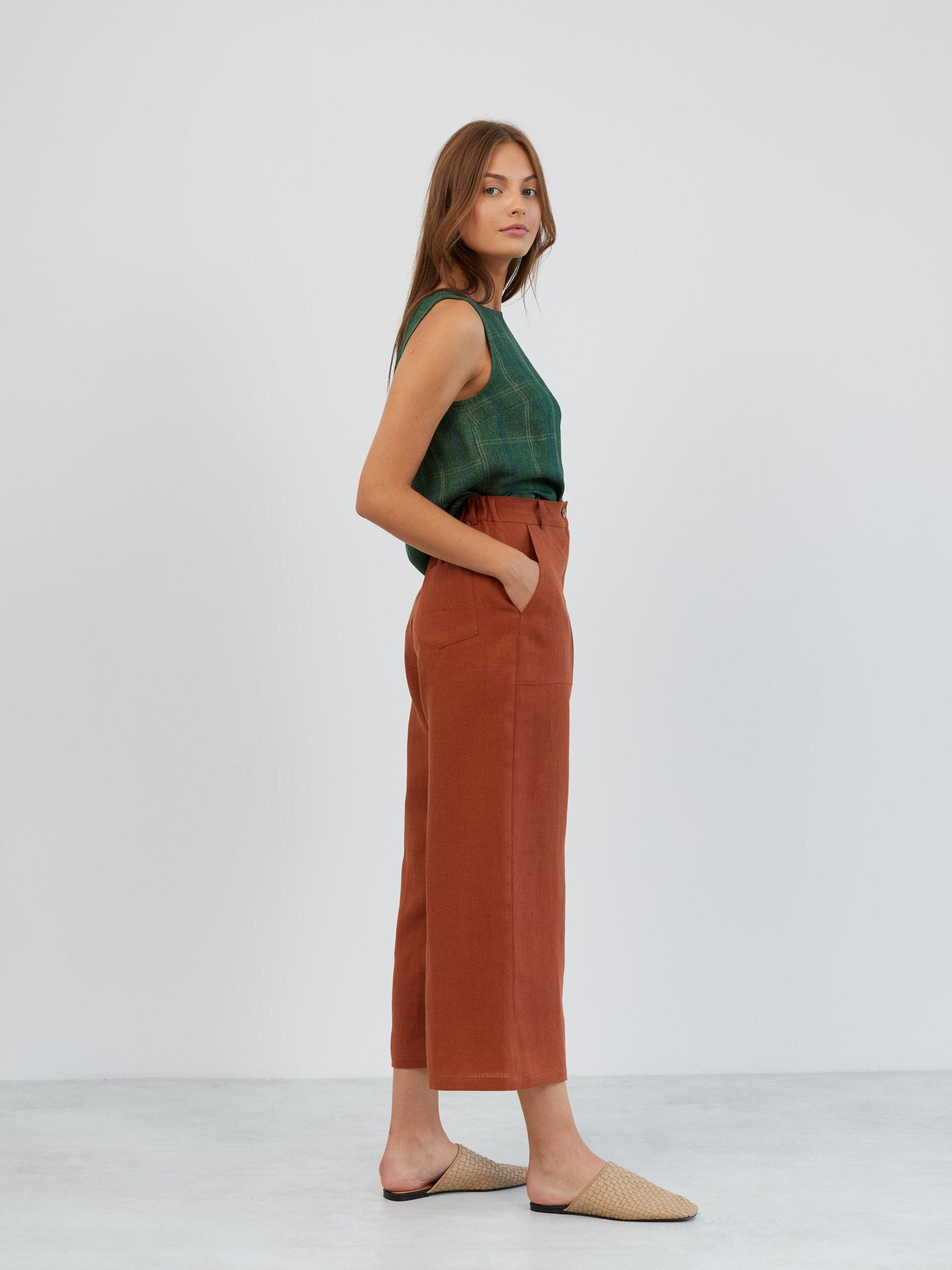 Linen Cropped Wide Leg Pants OCEAN - Image 3