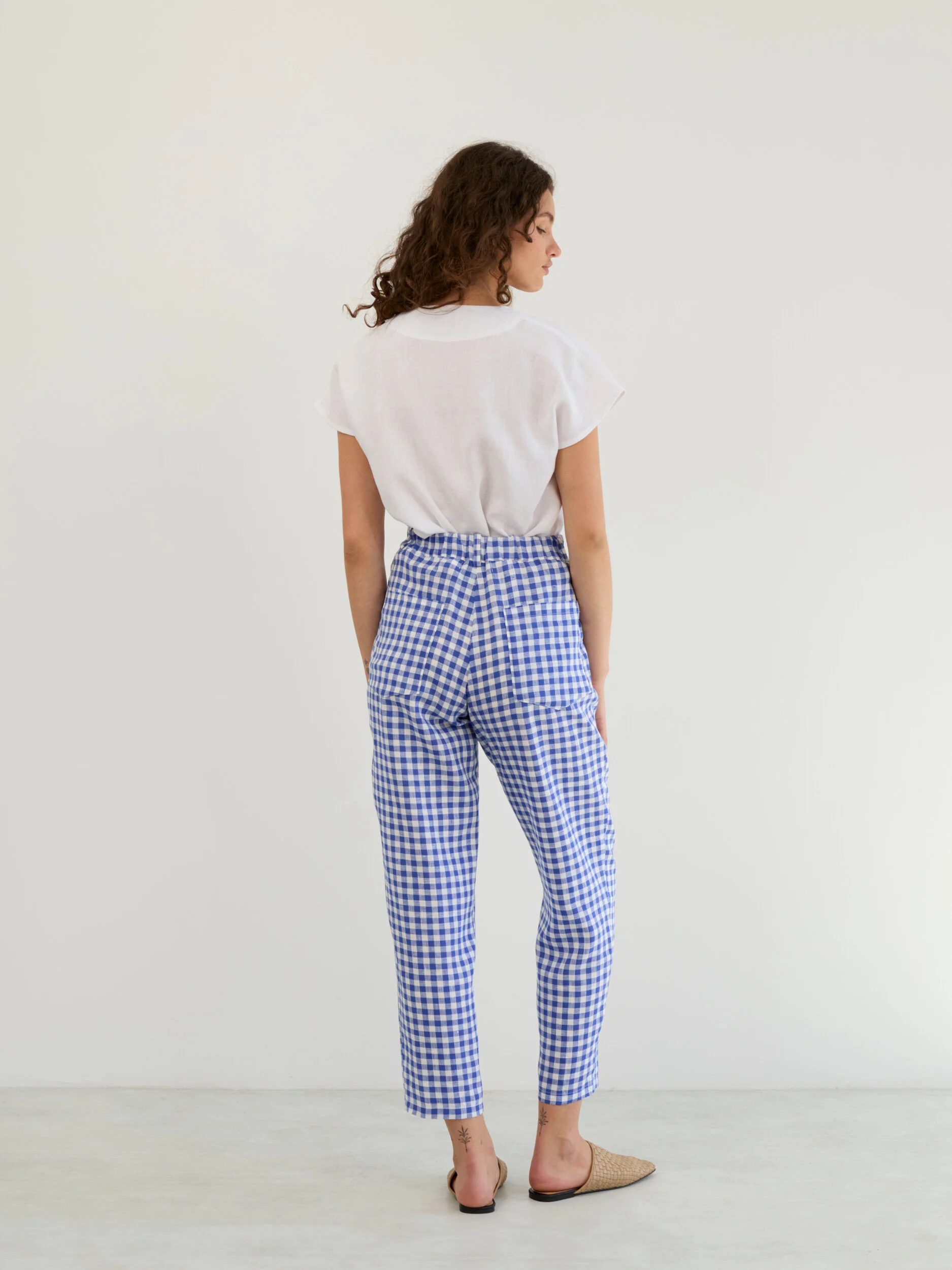 Image 6 of Linen High-Waisted Tapered Leg Pants in Gingham Blue SARAH from Love and Confuse | Handmade Linen Clothing for Women