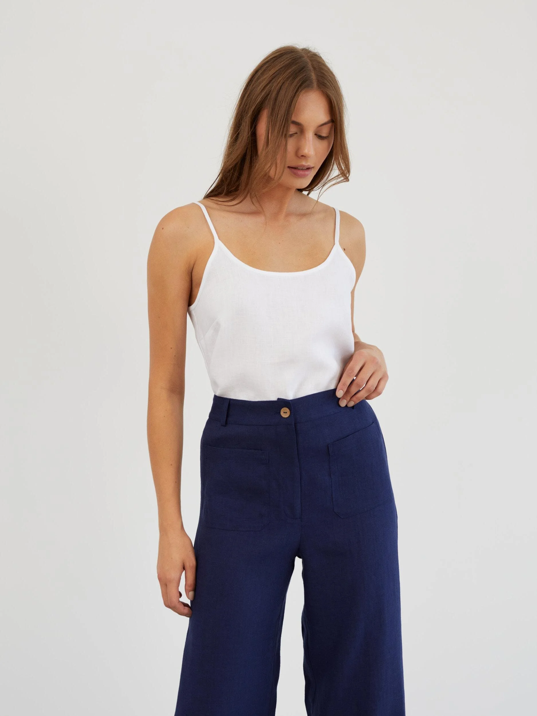 Image 3 of Tailored Straight Leg Linen Pants in Navy Blue JOEL from Love and Confuse | Handmade Linen Clothing for Women