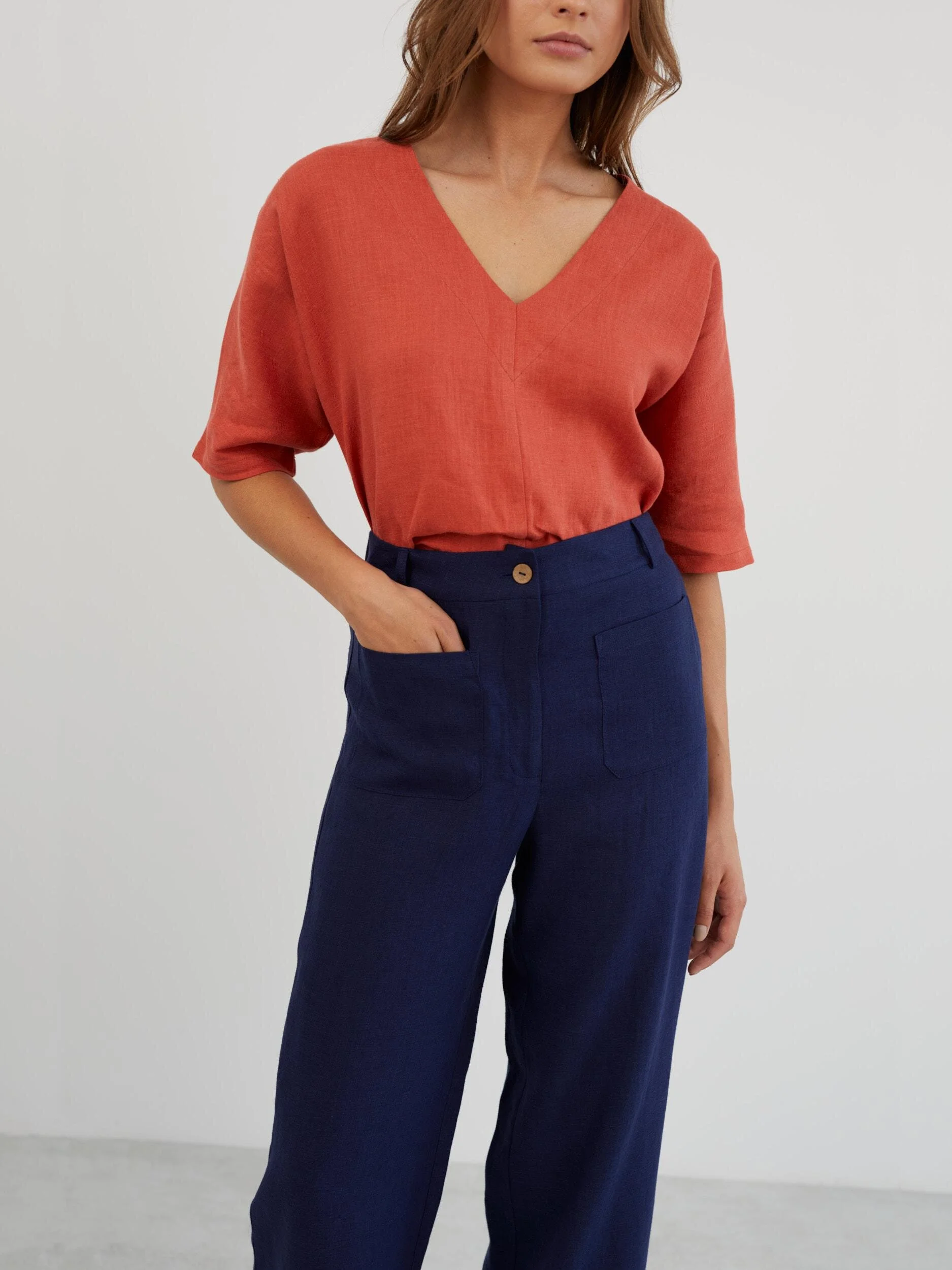 Image 4 of Tailored Straight Leg Linen Pants in Navy Blue JOEL from Love and Confuse | Handmade Linen Clothing for Women