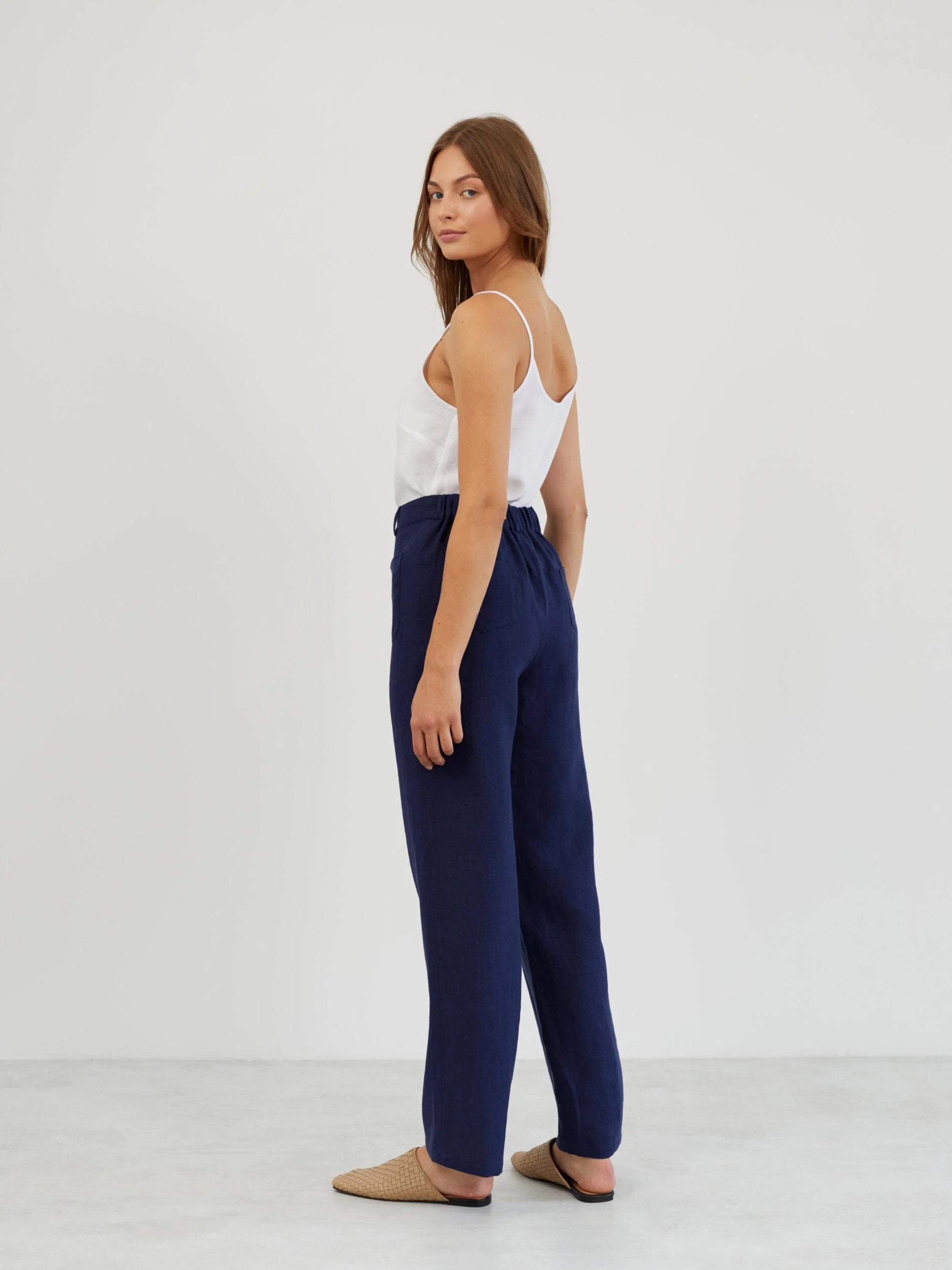 Image 6 of Tailored Straight Leg Linen Pants in Navy Blue JOEL from Love and Confuse | Handmade Linen Clothing for Women