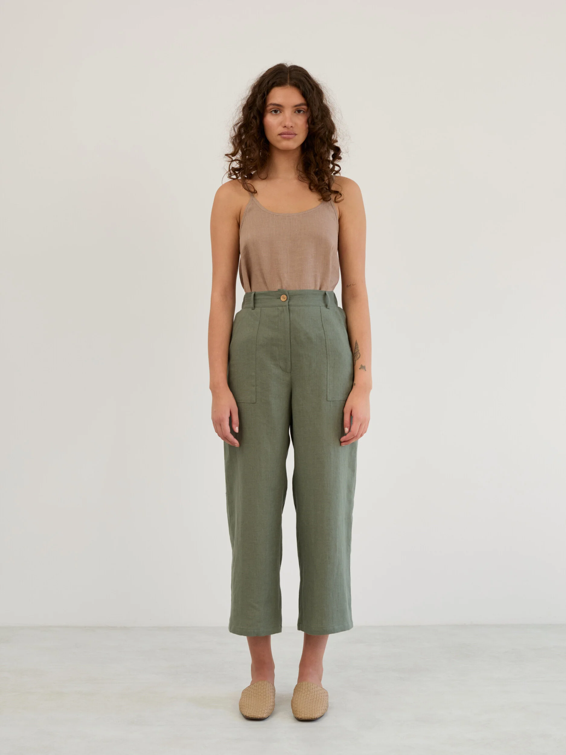Image 2 of Linen Wide Leg Cropped Pants in Sage Green OCEAN from Love and Confuse | Handmade Linen Clothing for Women