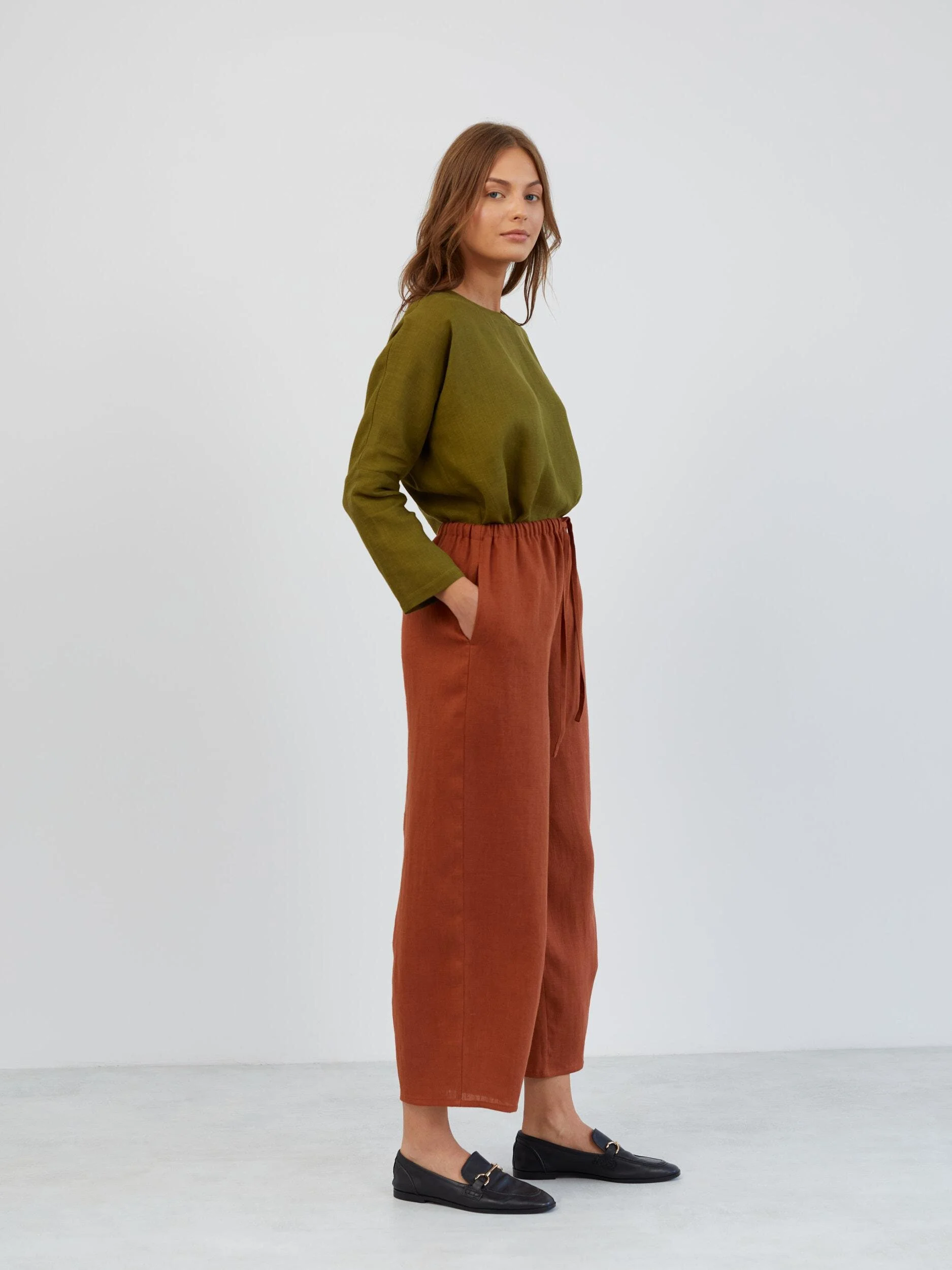 Image 3 of Wide Leg Linen Drawstring Pants in Rust DUKE from Love and Confuse | Handmade Linen Clothing for Women