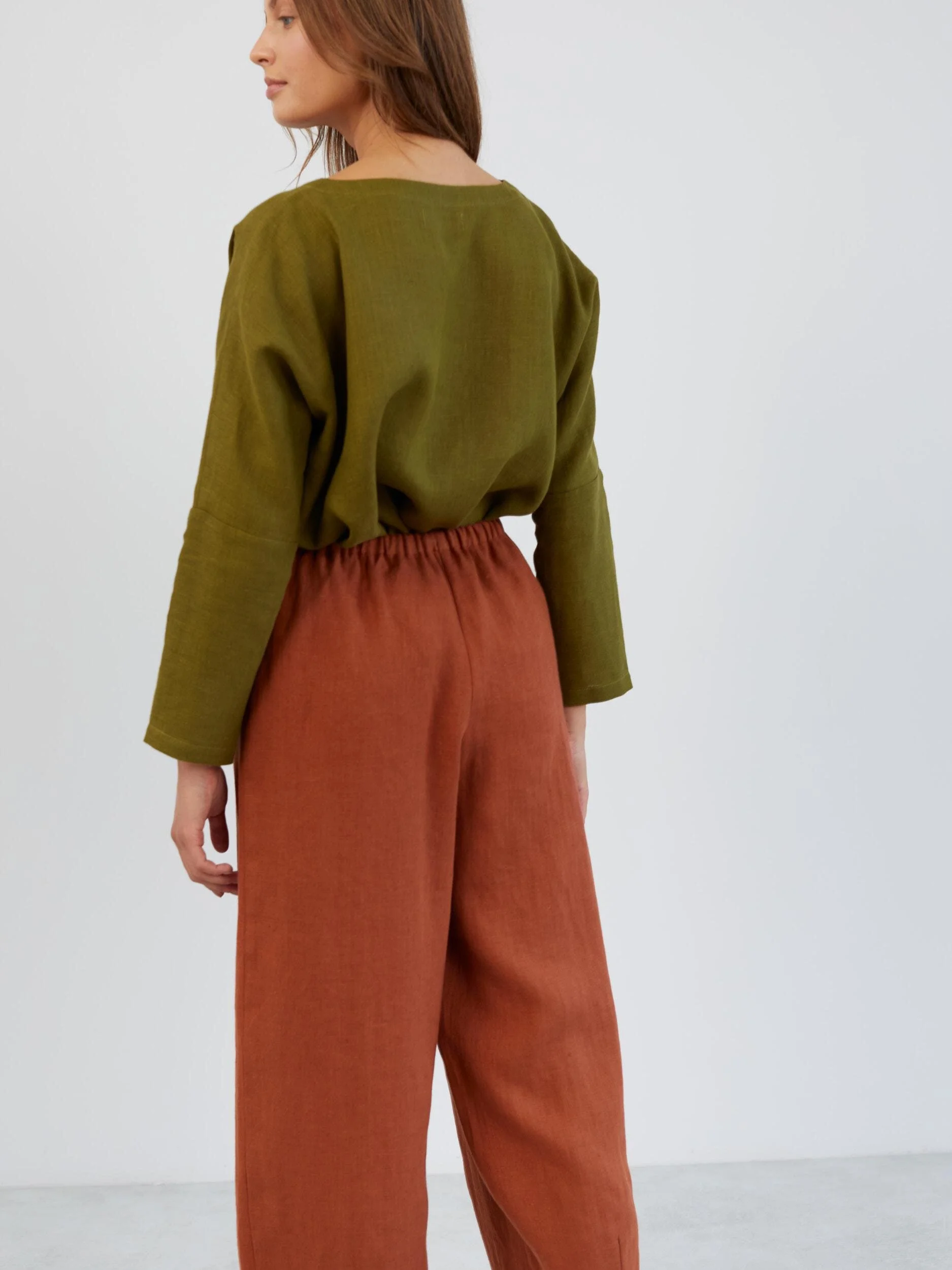 Image 4 of Wide Leg Linen Drawstring Pants in Rust DUKE from Love and Confuse | Handmade Linen Clothing for Women