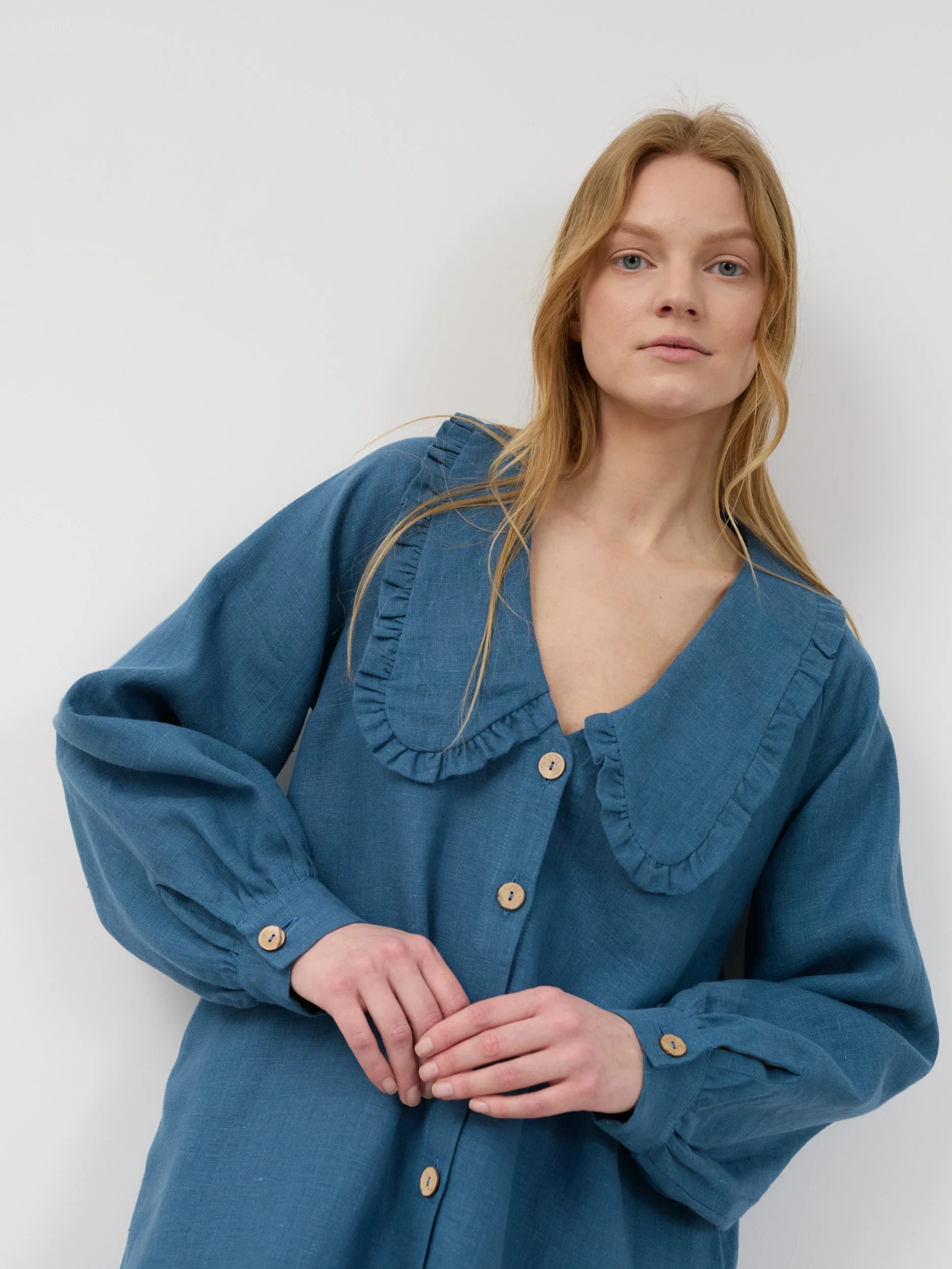 Image 1 of MELODY Linen Shirt Dress with Ruffled Collar and Long Sleeves in Blue Sea