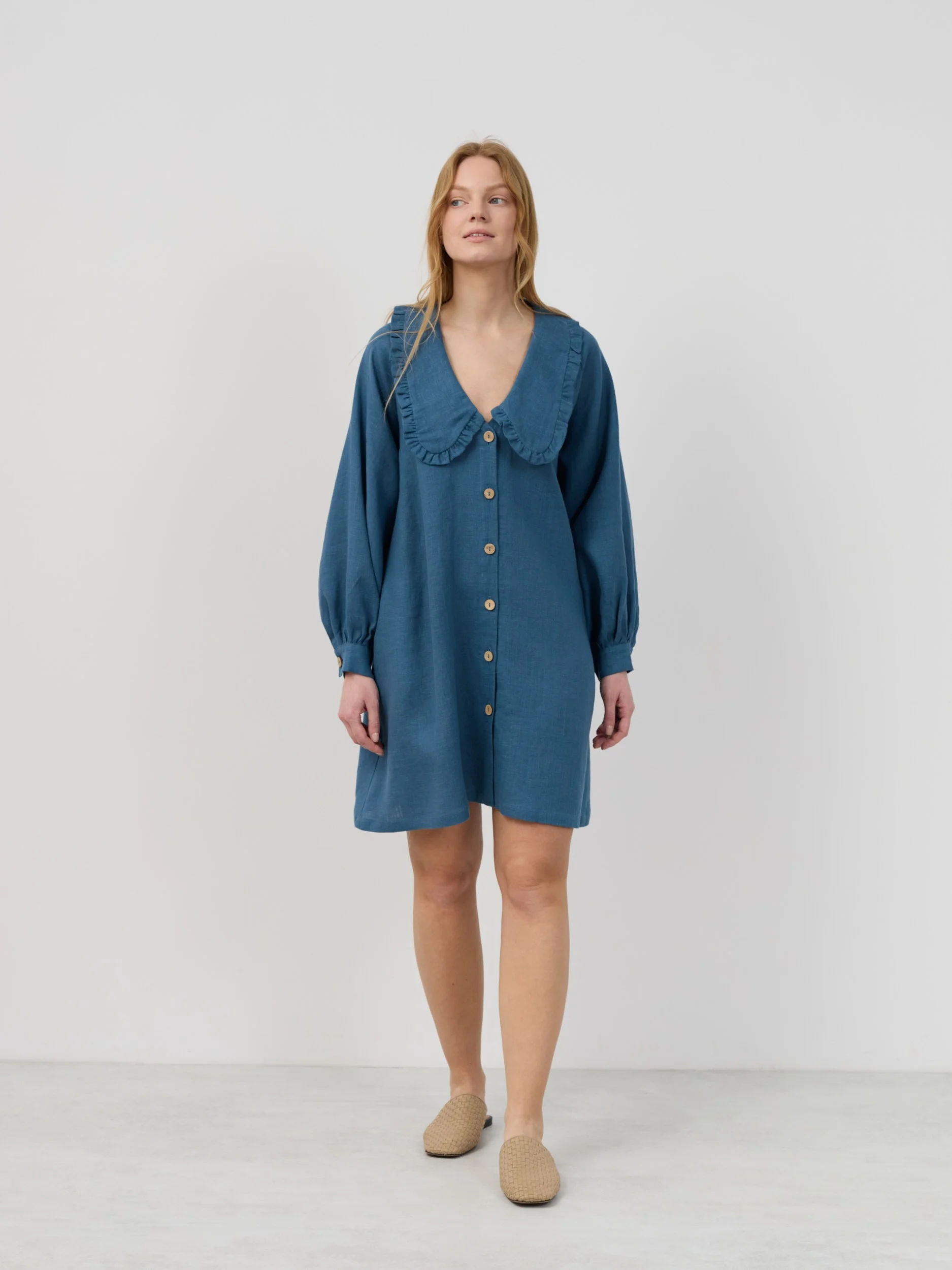 Image 2 of MELODY Linen Shirt Dress with Ruffled Collar and Long Sleeves in Blue Sea