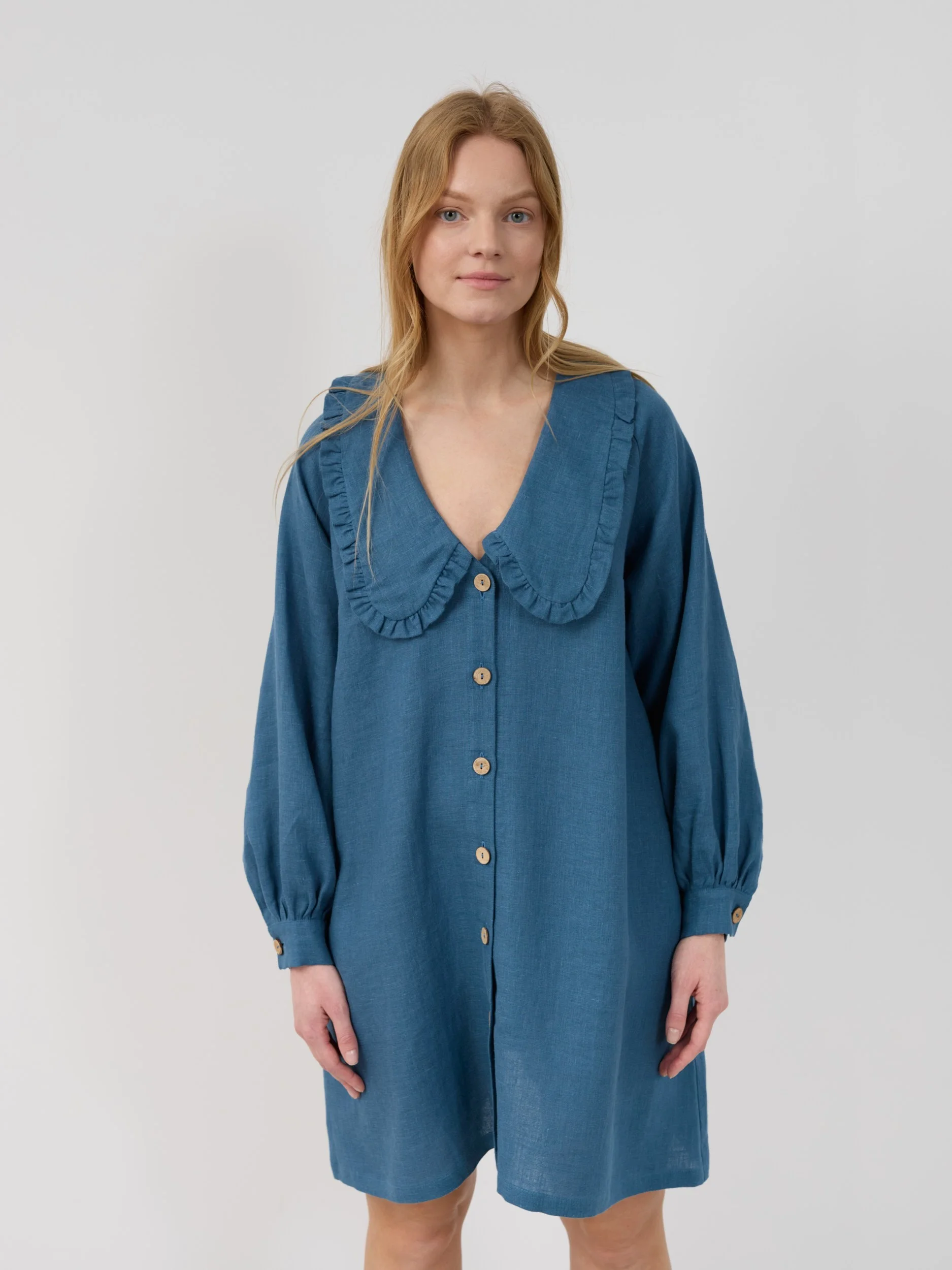 Image 3 of MELODY Linen Shirt Dress with Ruffled Collar and Long Sleeves in Blue Sea