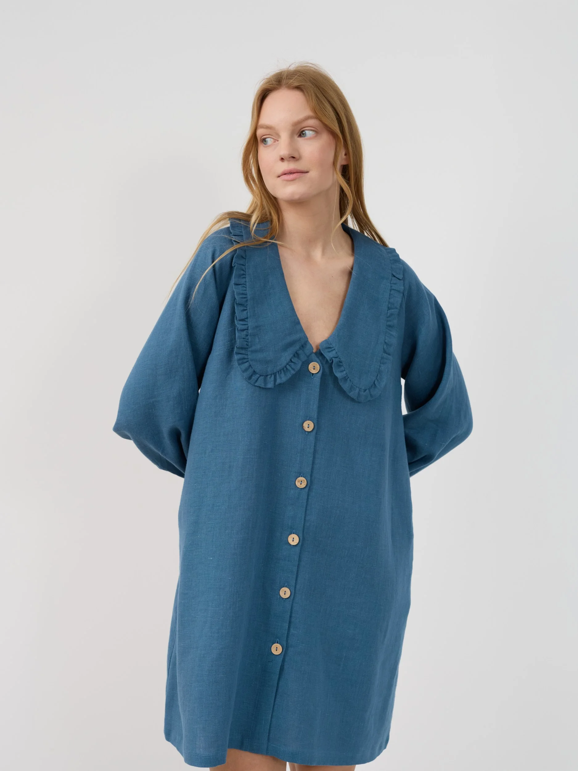 Image 5 of MELODY Linen Shirt Dress with Ruffled Collar and Long Sleeves in Blue Sea