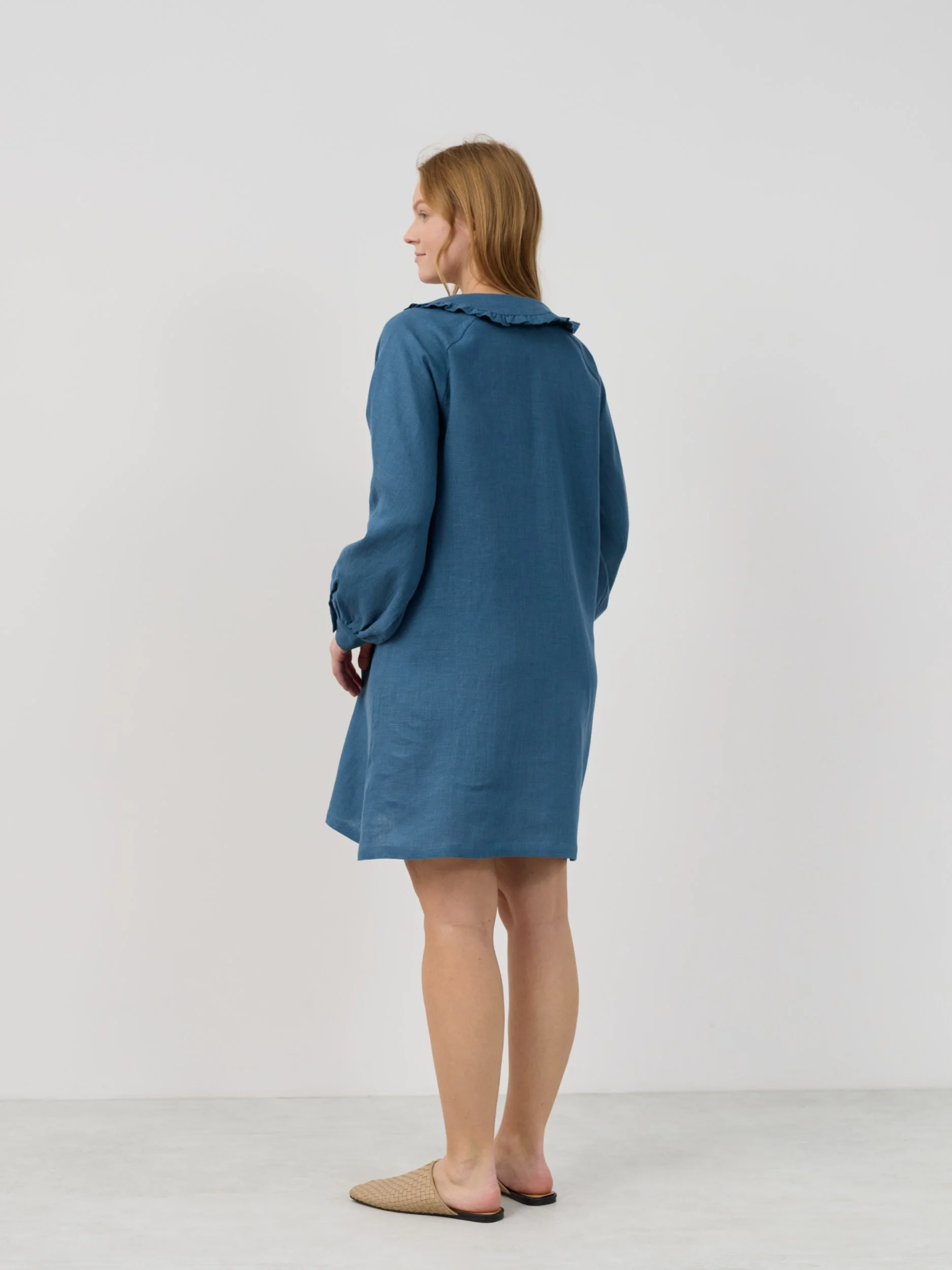 Image 6 of MELODY Linen Shirt Dress with Ruffled Collar and Long Sleeves in Blue Sea