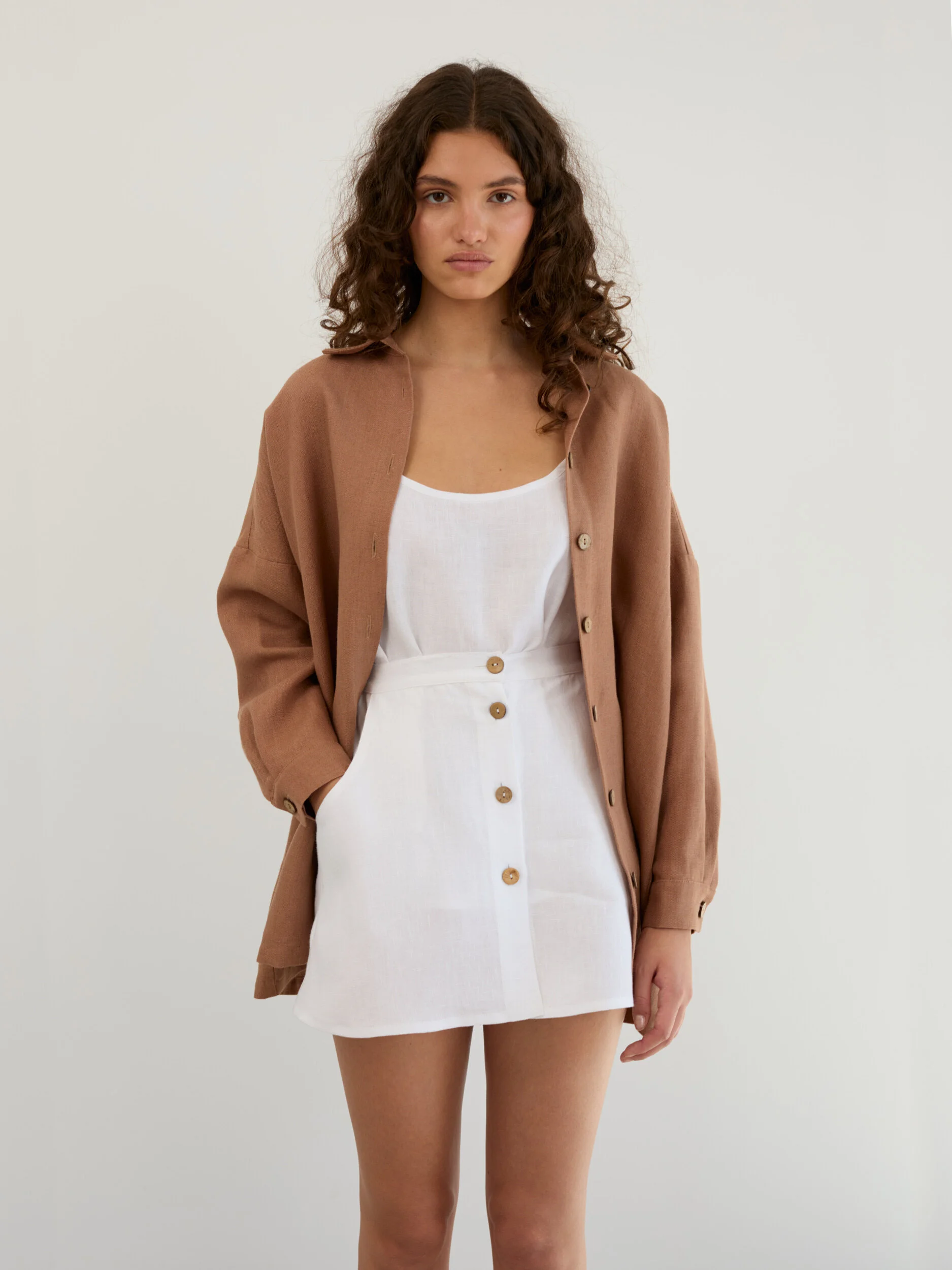 Image 1 of Heavy Linen Oversized Button-Down Shirt in Heavy Brown MYLA from Love and Confuse | Handmade Linen Clothing for Women