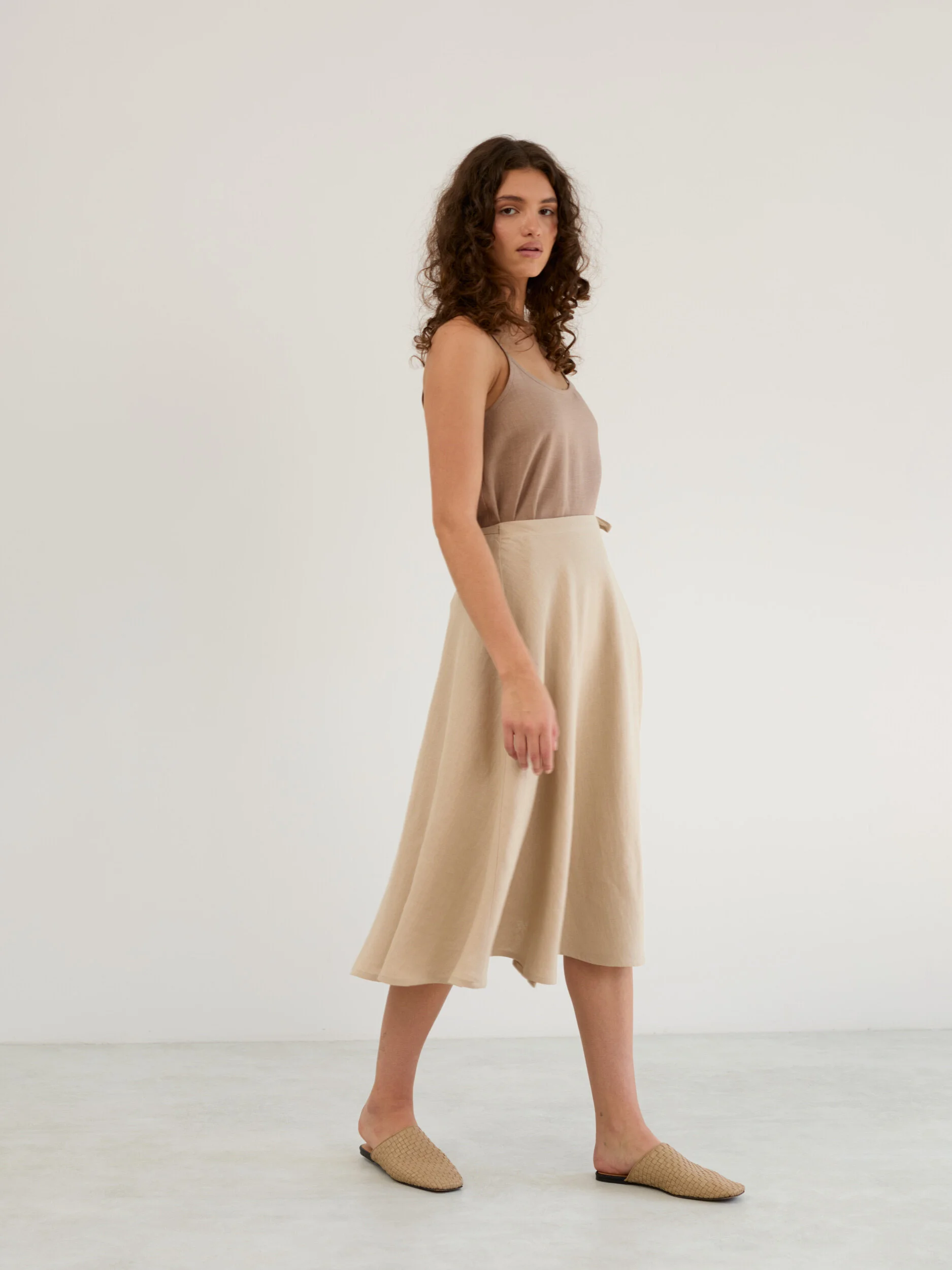 Image 4 of Linen Wrap Midi Skirt in Beige KENZIE from Love and Confuse | Handmade Linen Clothing for Women