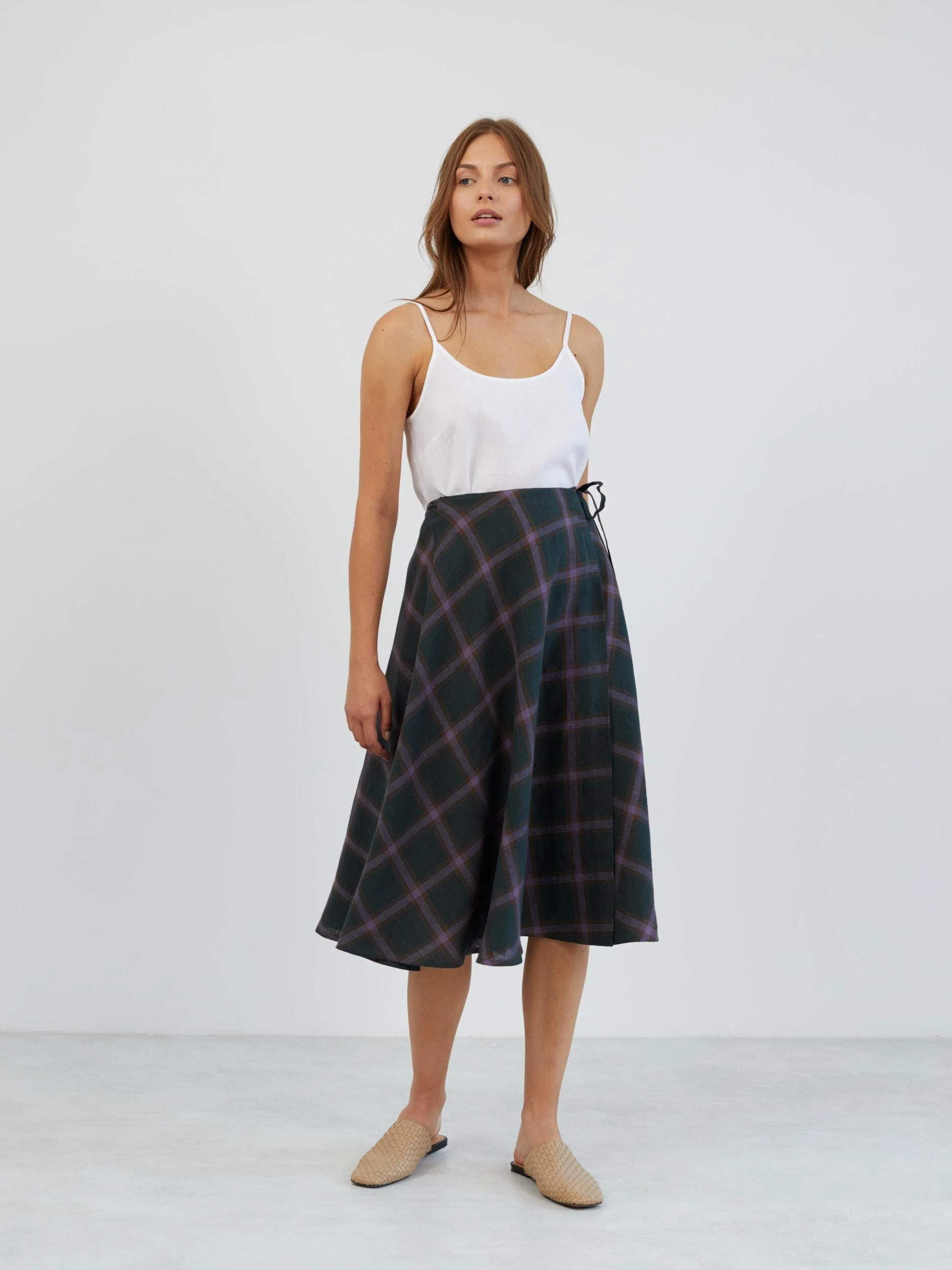 Image 5 of Linen Wrap Midi Skirt in Plaid Purple KENZIE from Love and Confuse | Handmade Linen Clothing for Women