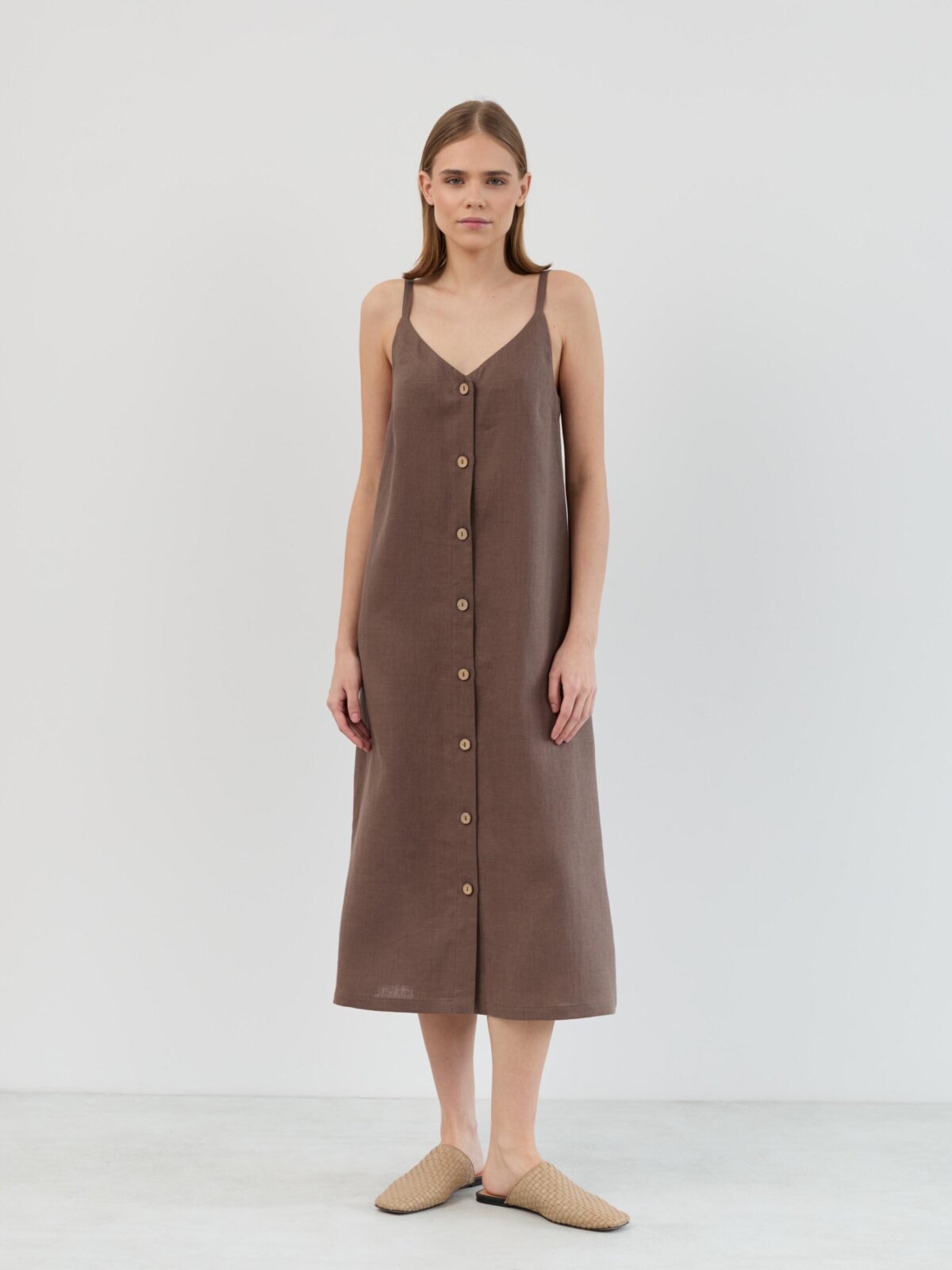 AMARA linen button down midi dress in cocoa brown, full-length front view