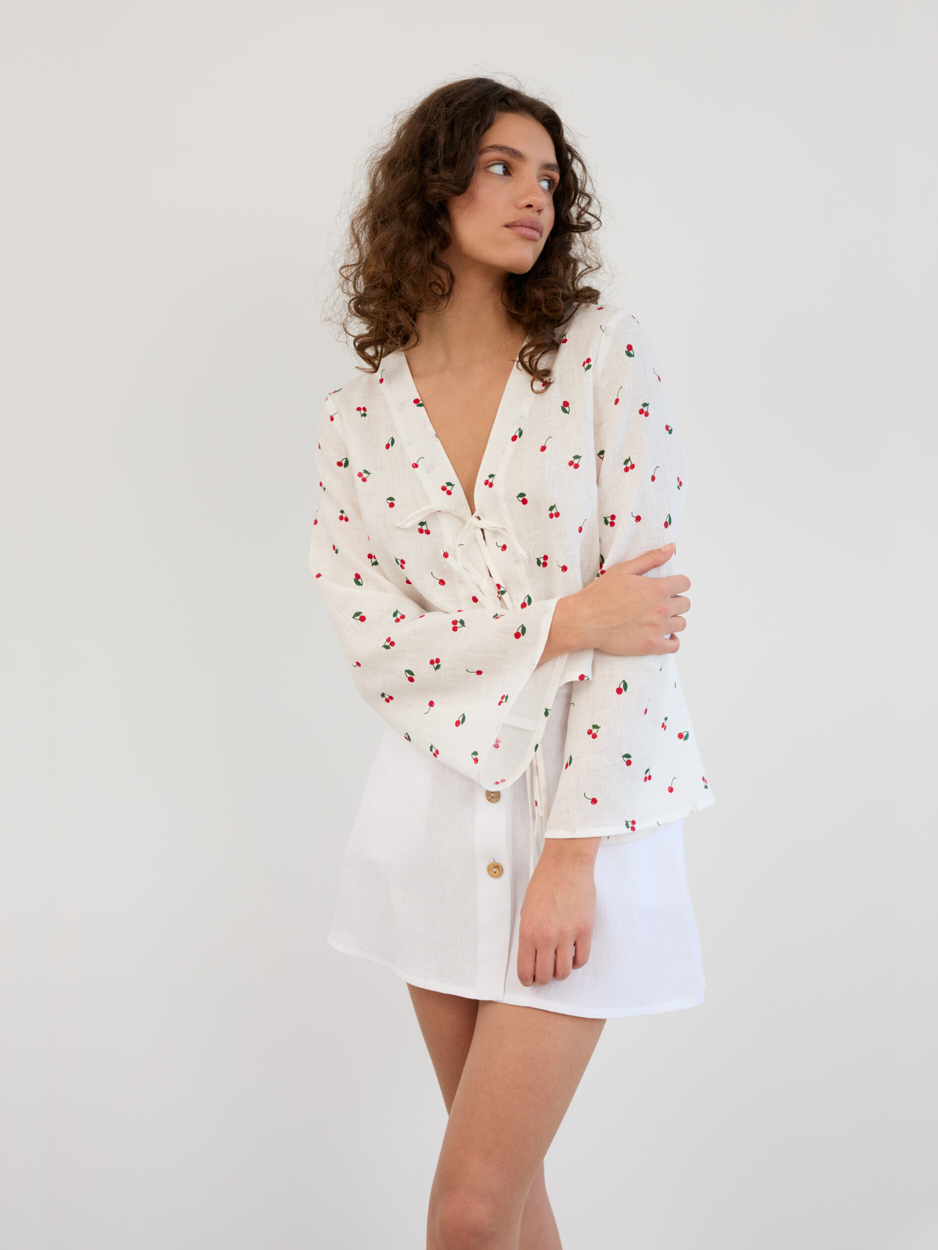 Linen Tie Front Bell Sleeve Crop Top CASSIDY - Image 3