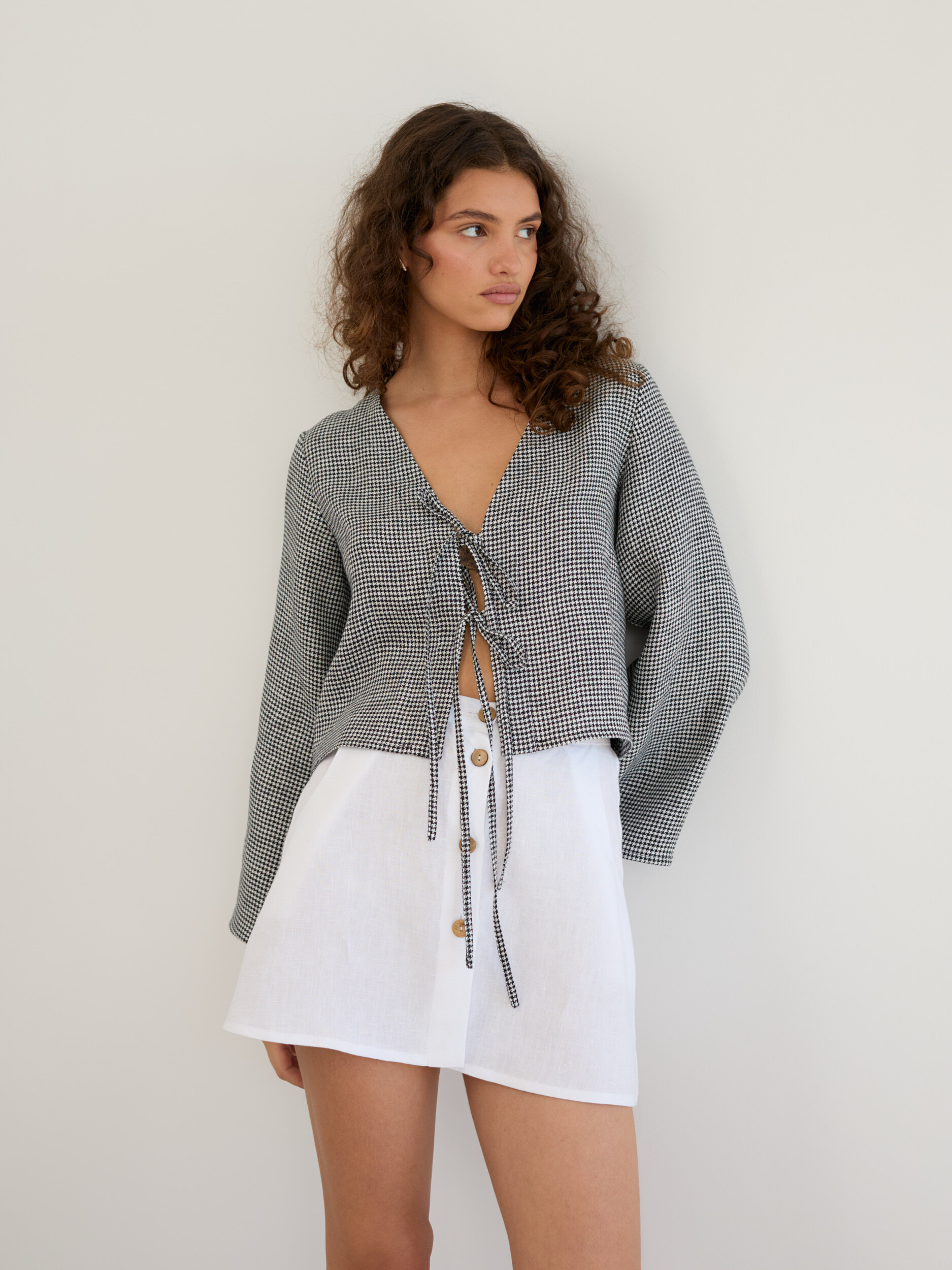Linen Tie Front Bell Sleeve Crop Top CASSIDY - Image 1