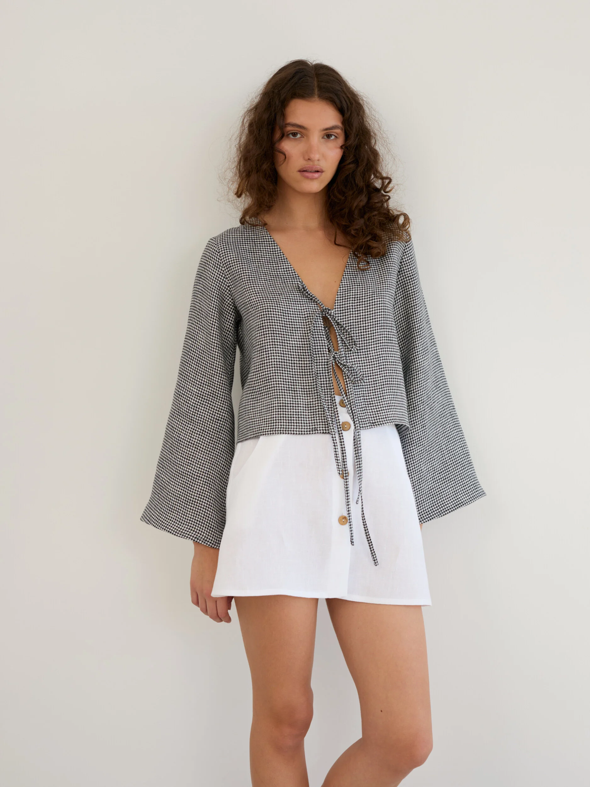 Image 3 of Linen Tie Front Bell Sleeve Crop Top in Houndstooth CASSIDY from Love and Confuse | Handmade Linen Clothing for Women