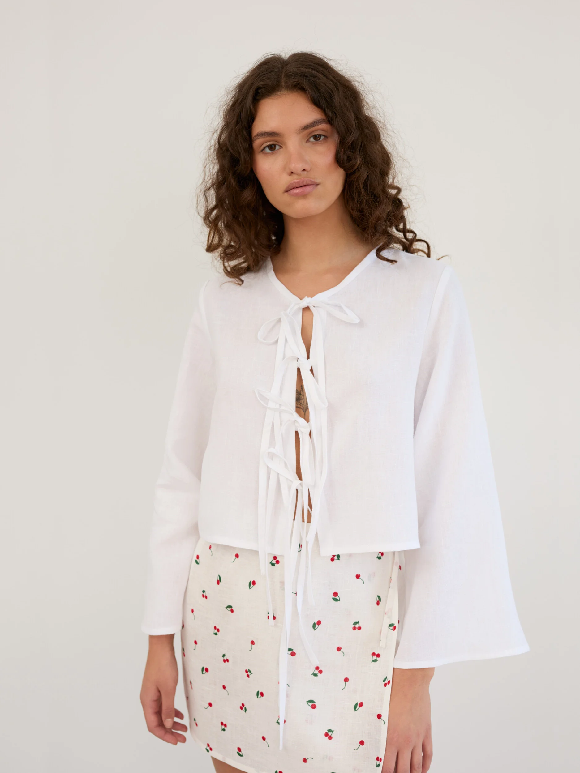 Image 3 of Linen Tie Front Cropped Top in White BLAIRE from Love and Confuse | Handmade Linen Clothing for Women