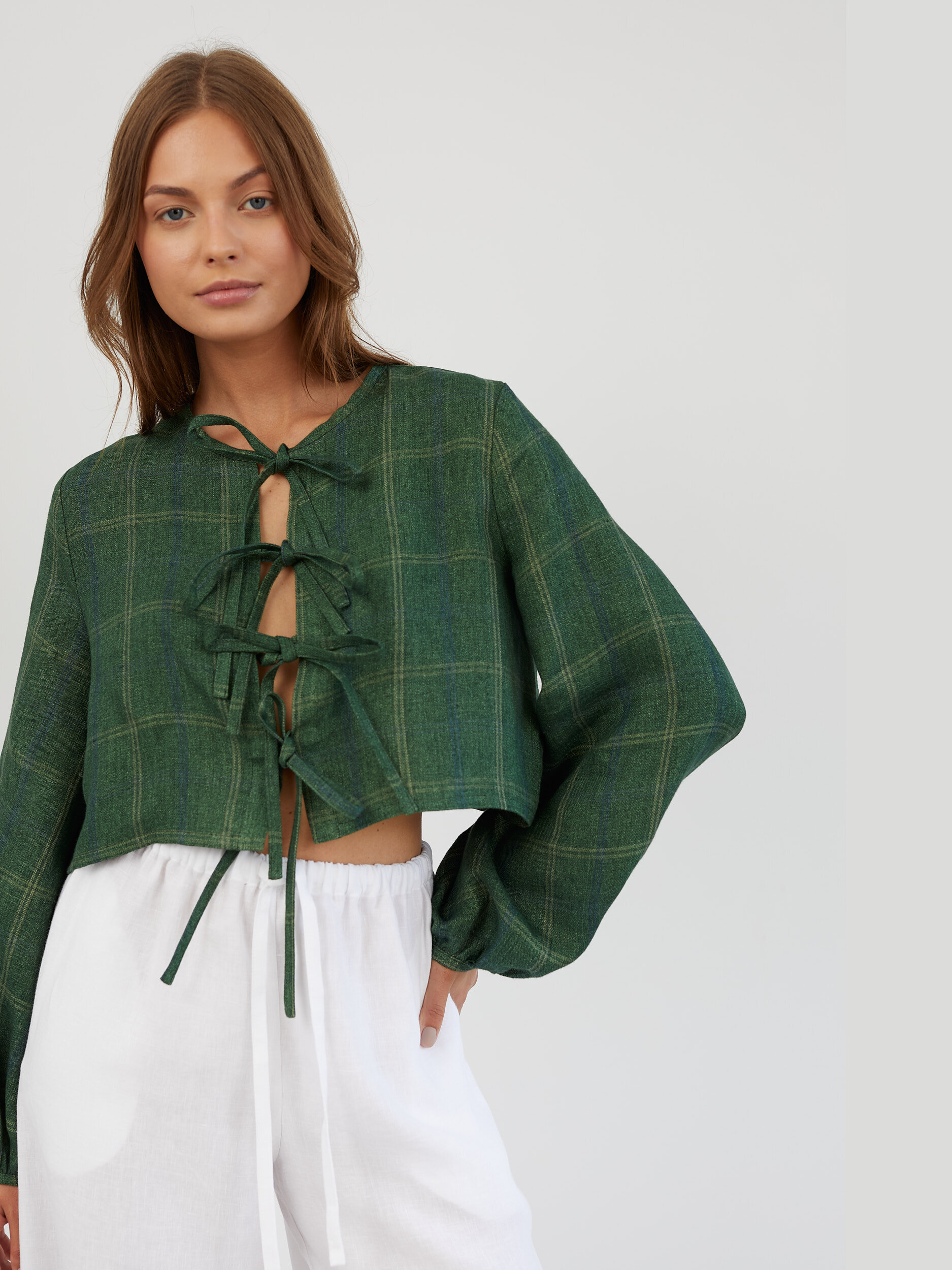 Tie Front Cropped Linen Top KOA - Image 1
