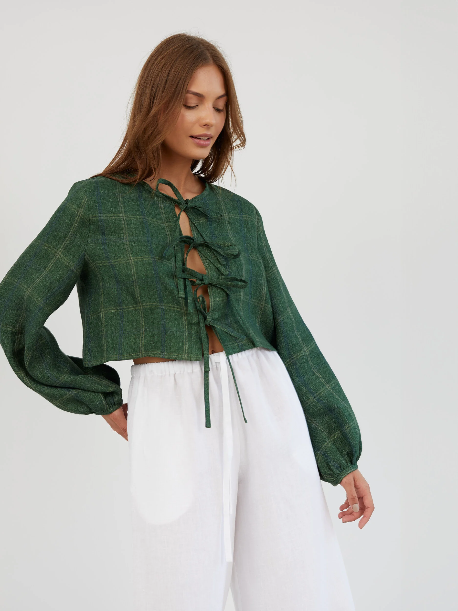 Image 4 of Tie Front Cropped Linen Top in Plaid Green KOA from Love and Confuse | Handmade Linen Clothing for Women