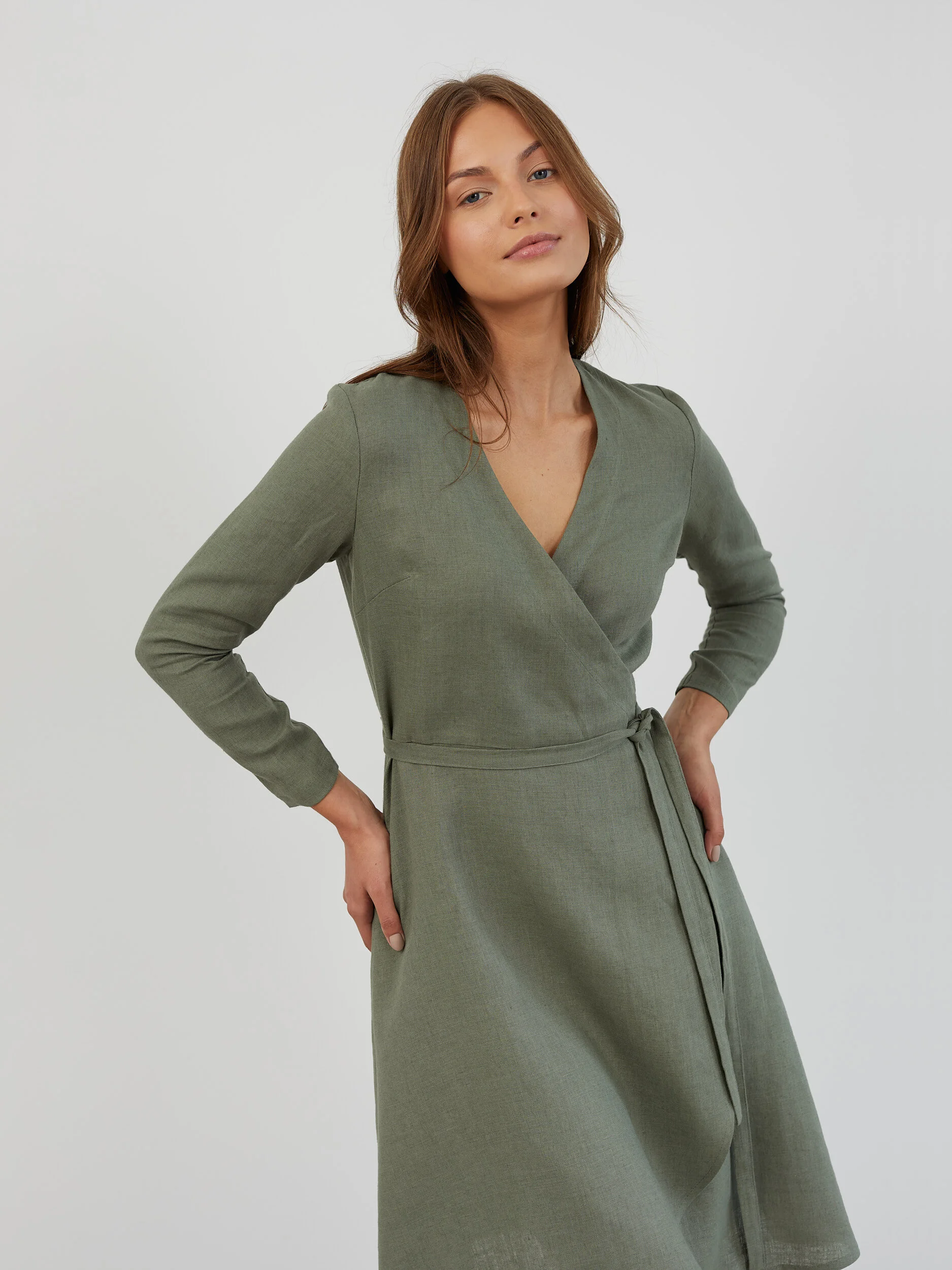Image 2 of Long Sleeve Linen Wrap Dress in Sage Green CLAUDIA from Love and Confuse | Handmade Linen Clothing for Women