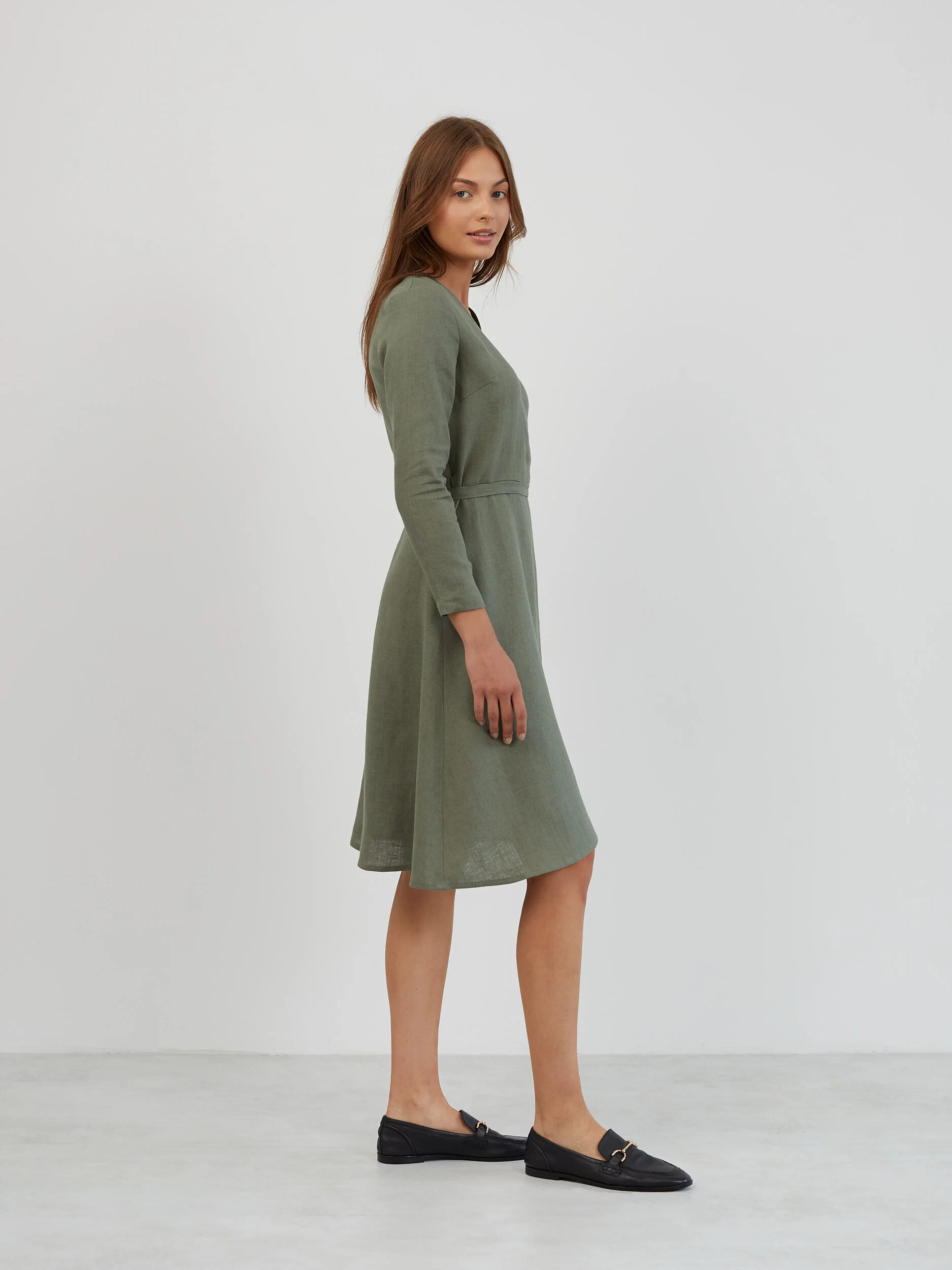 Image 3 of Long Sleeve Linen Wrap Dress in Sage Green CLAUDIA from Love and Confuse | Handmade Linen Clothing for Women