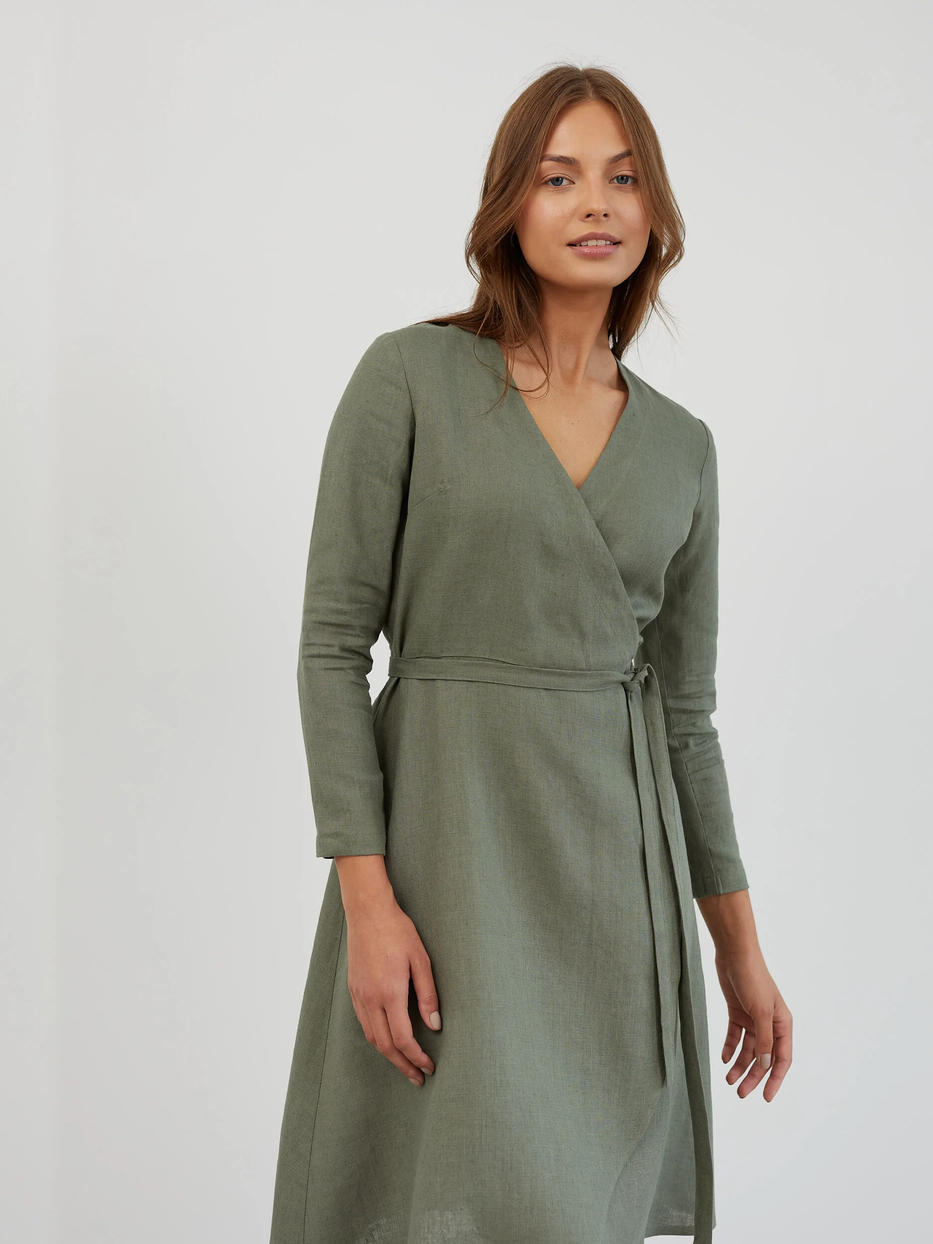 Image 5 of Long Sleeve Linen Wrap Dress in Sage Green CLAUDIA from Love and Confuse | Handmade Linen Clothing for Women