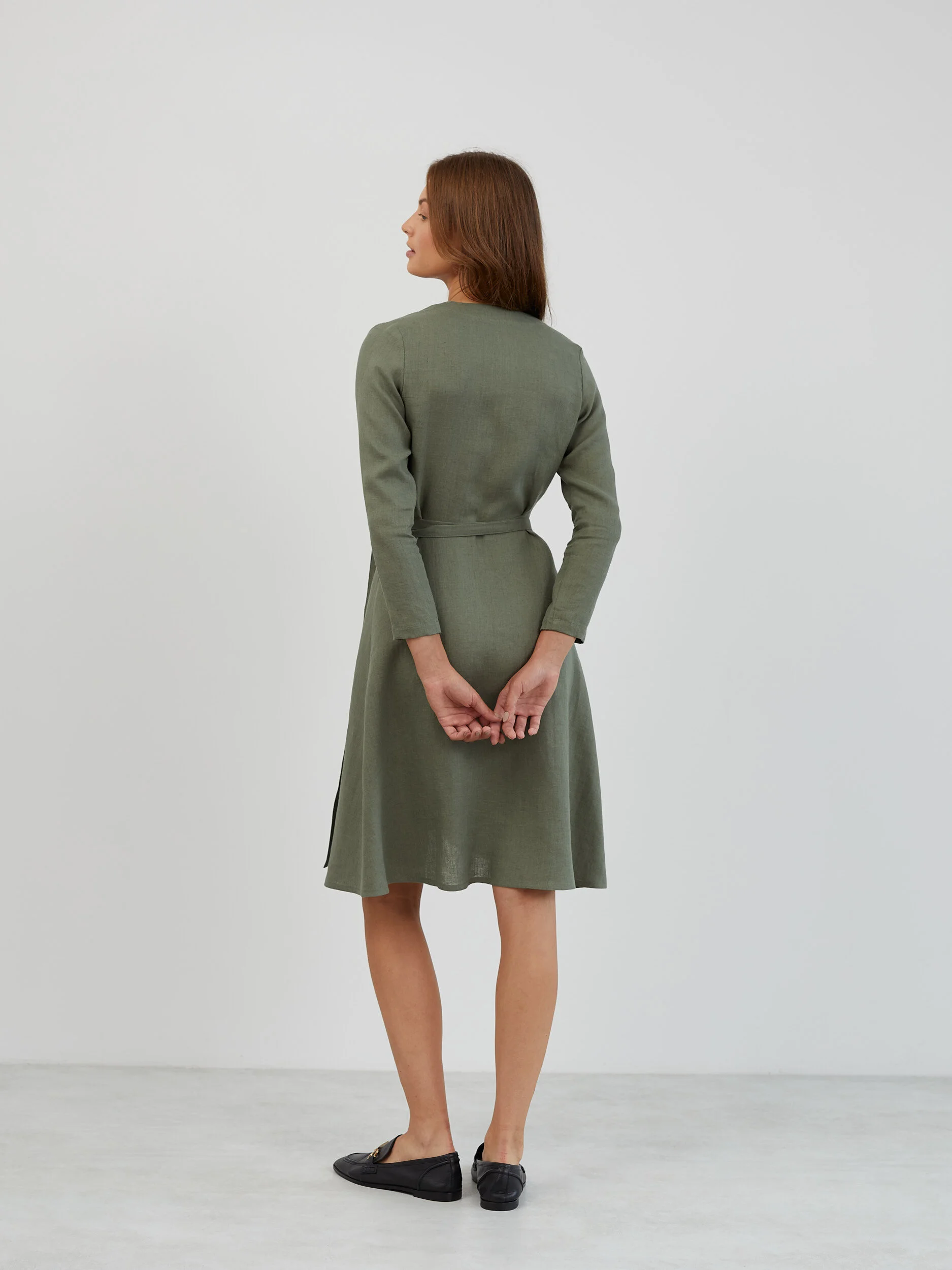 Image 6 of Long Sleeve Linen Wrap Dress in Sage Green CLAUDIA from Love and Confuse | Handmade Linen Clothing for Women