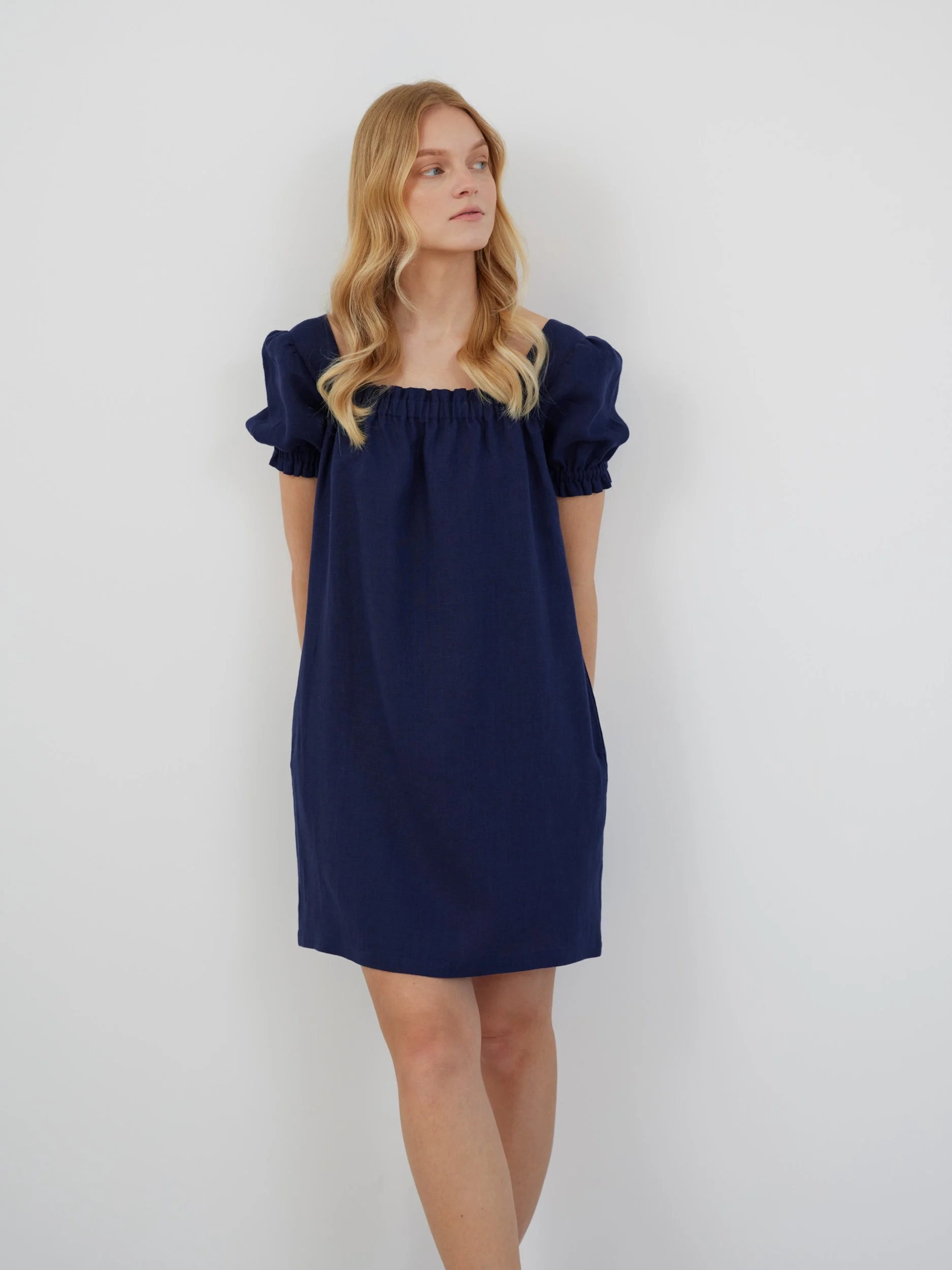 Image 3 of LOTTIE Mini Puff Sleeve Linen Dress in Navy Blue from Love and Confuse