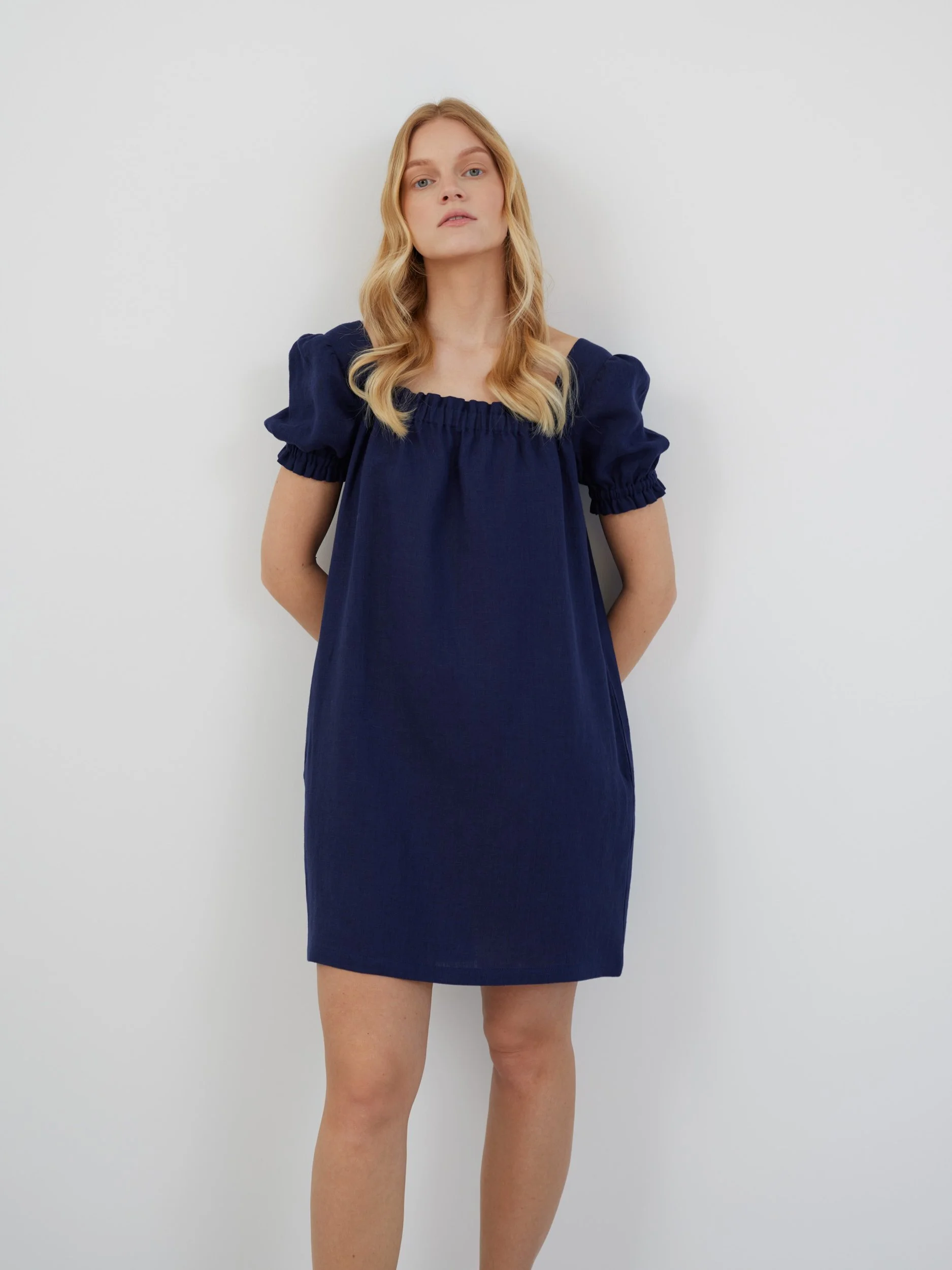 Image 5 of LOTTIE Mini Puff Sleeve Linen Dress in Navy Blue from Love and Confuse