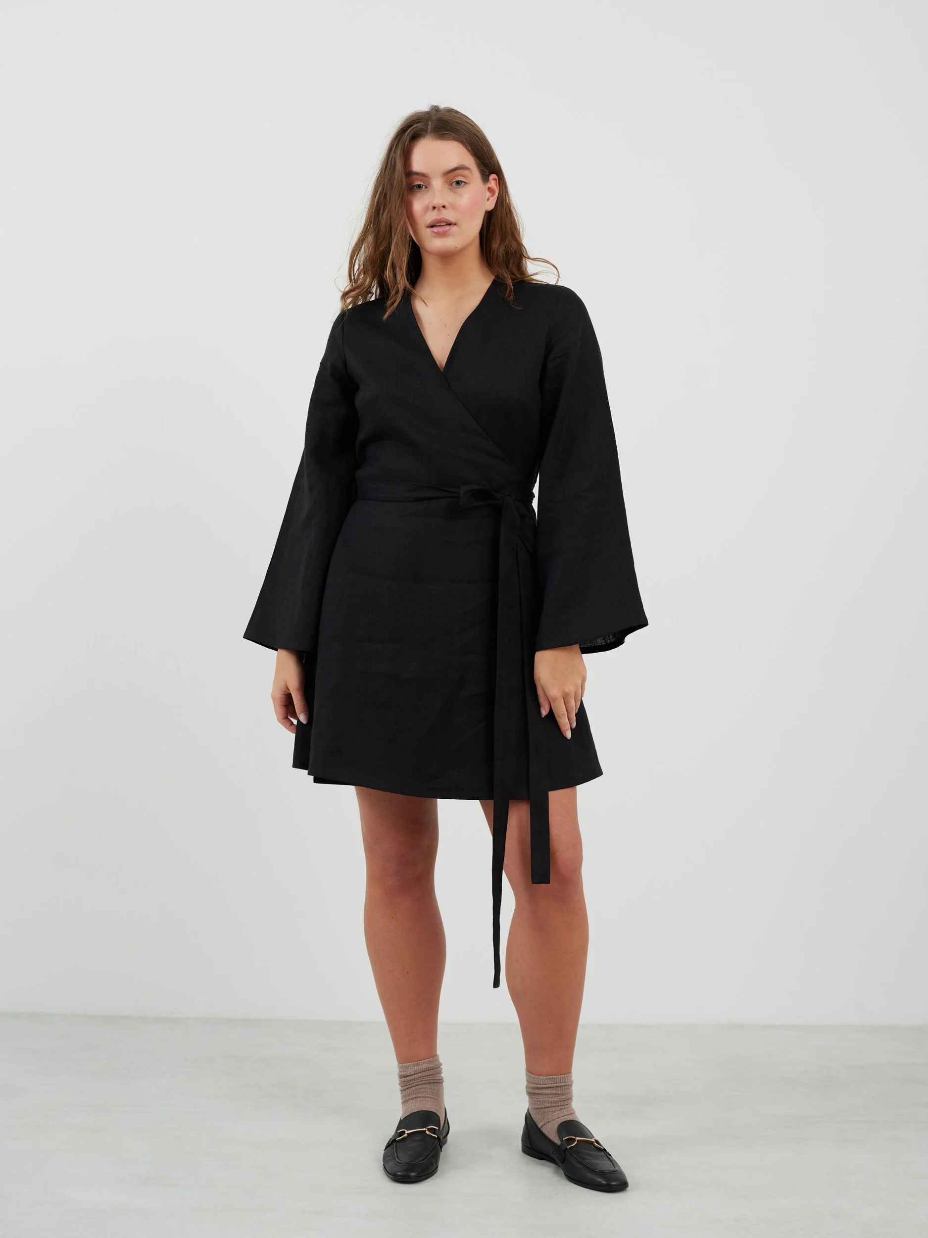 Image 2 of LYDIA Long Sleeve Mini Linen Dress in Black from Love and Confuse