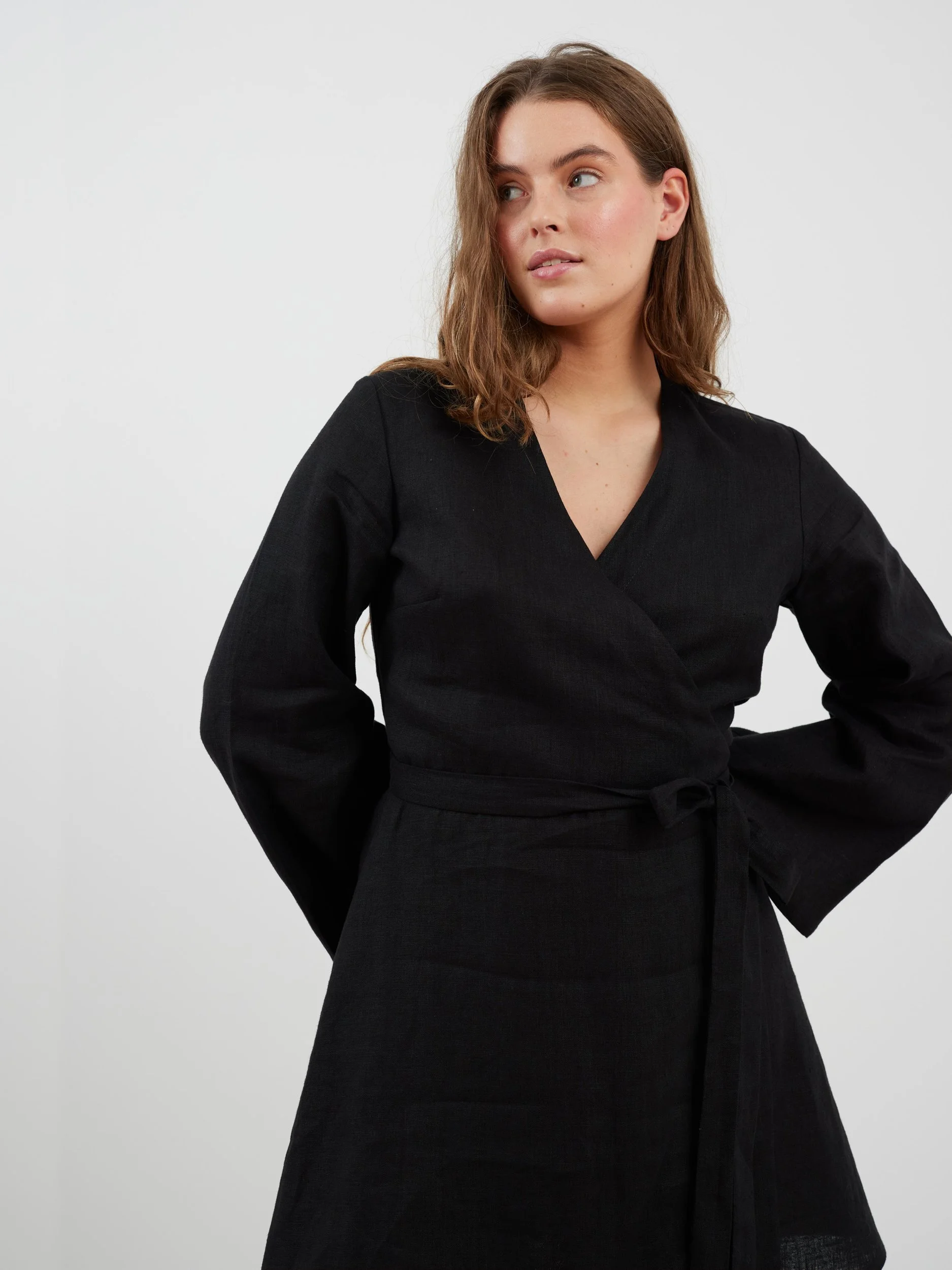 Image 3 of LYDIA Long Sleeve Mini Linen Dress in Black from Love and Confuse