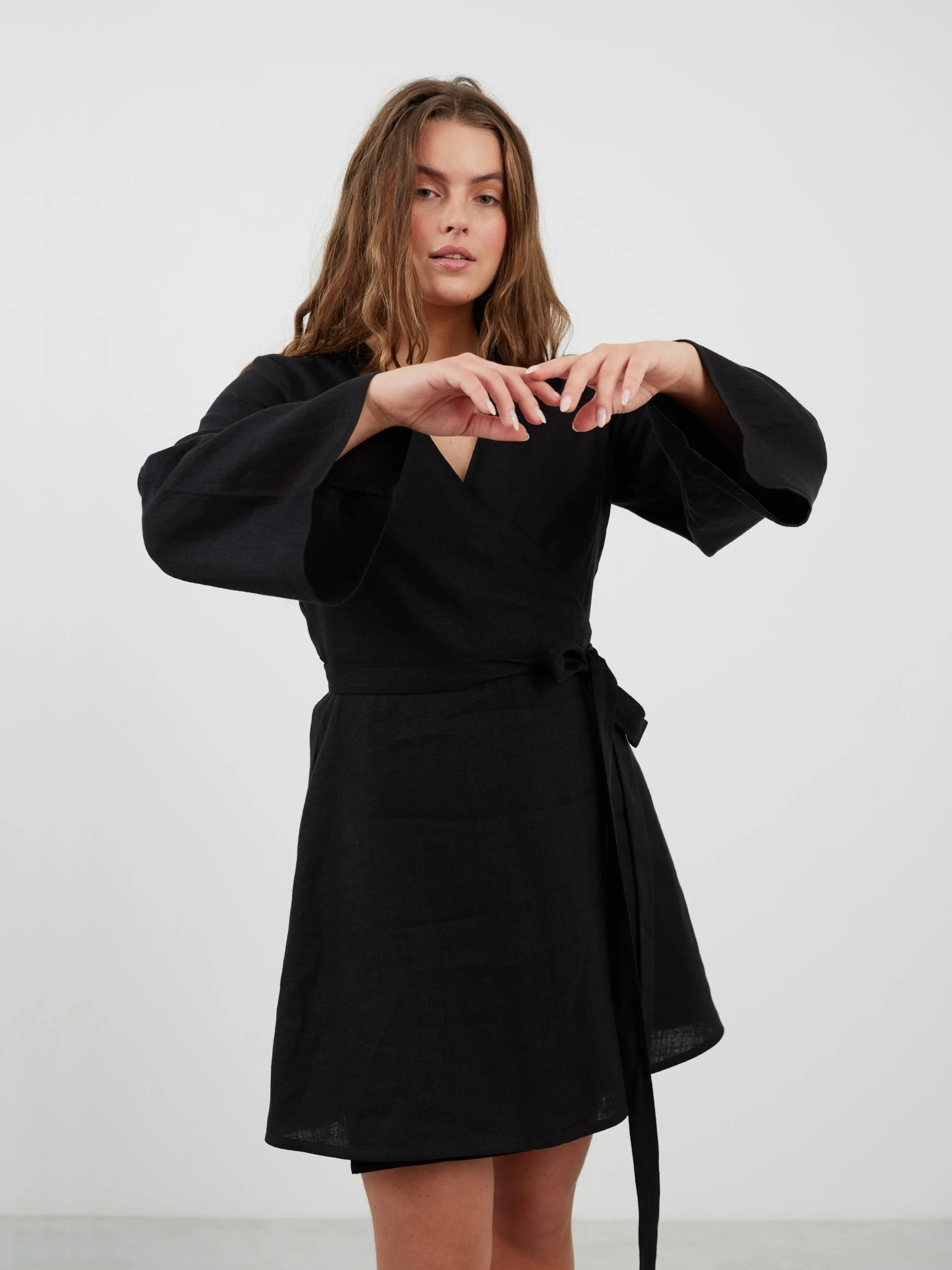 Image 4 of LYDIA Long Sleeve Mini Linen Dress in Black from Love and Confuse