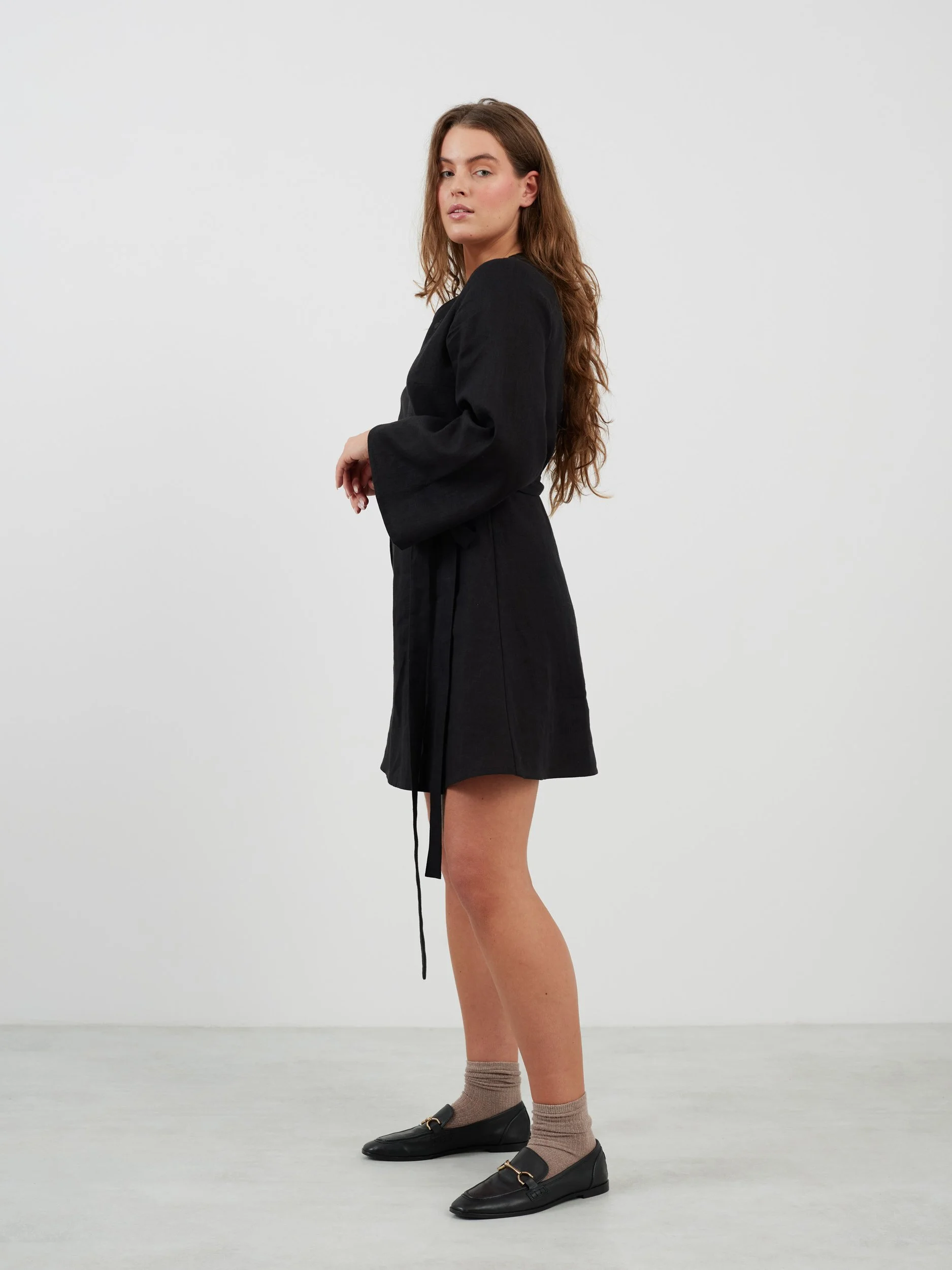 Image 6 of LYDIA Long Sleeve Mini Linen Dress in Black from Love and Confuse