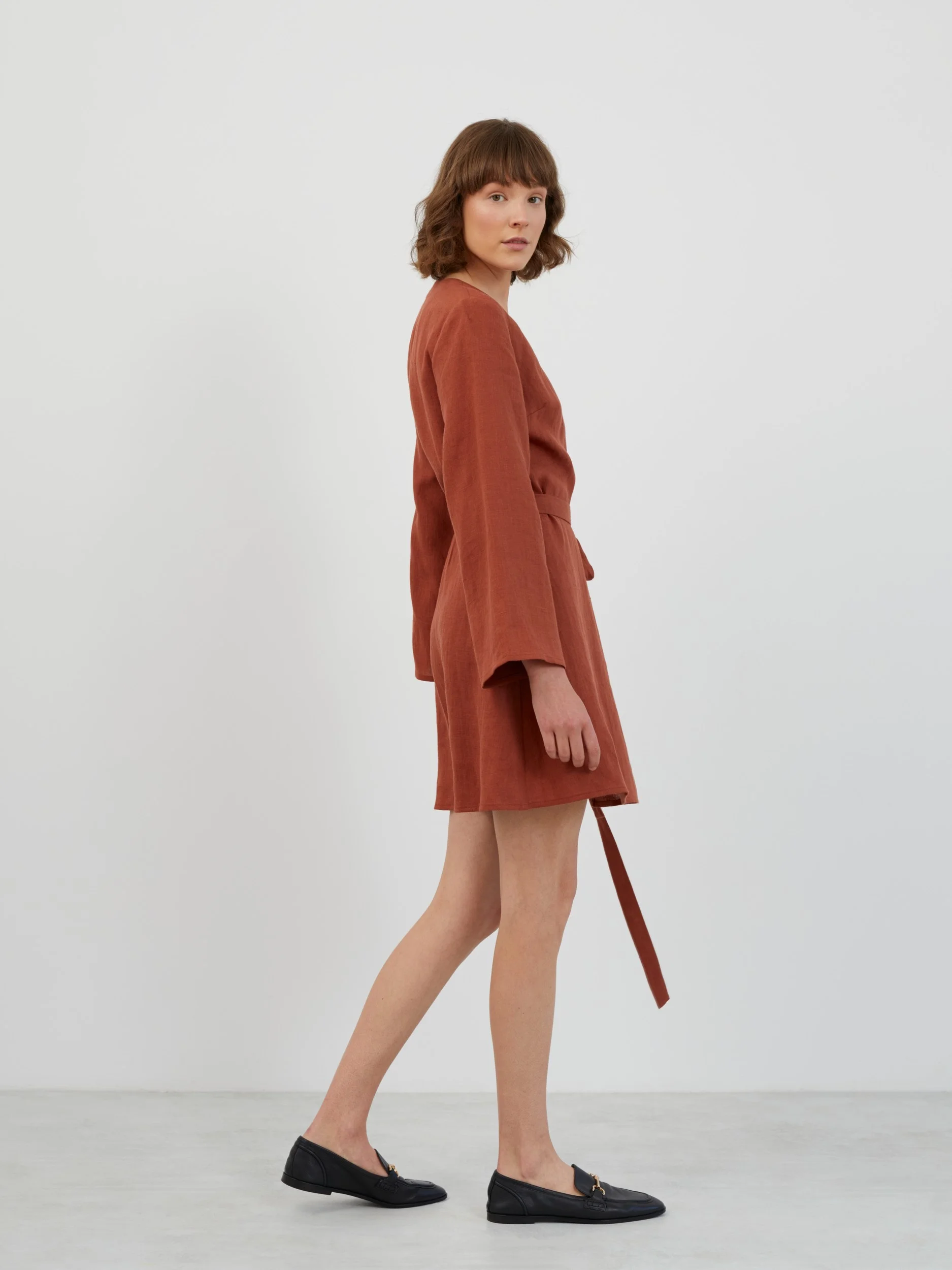 Image 3 of LYDIA Long Sleeve Mini Linen Dress in Rust from Love and Confuse