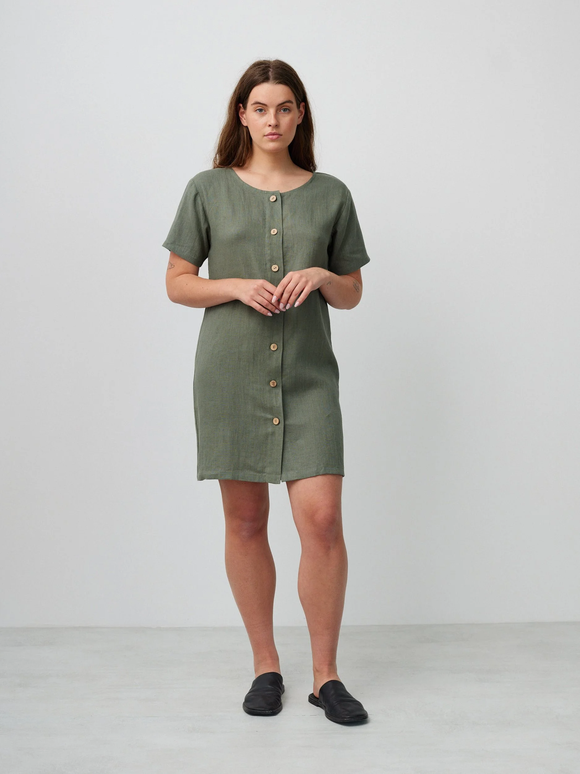 Image 2 of LYRA Button Down Short Linen Dress in Sage Green from Love and Confuse