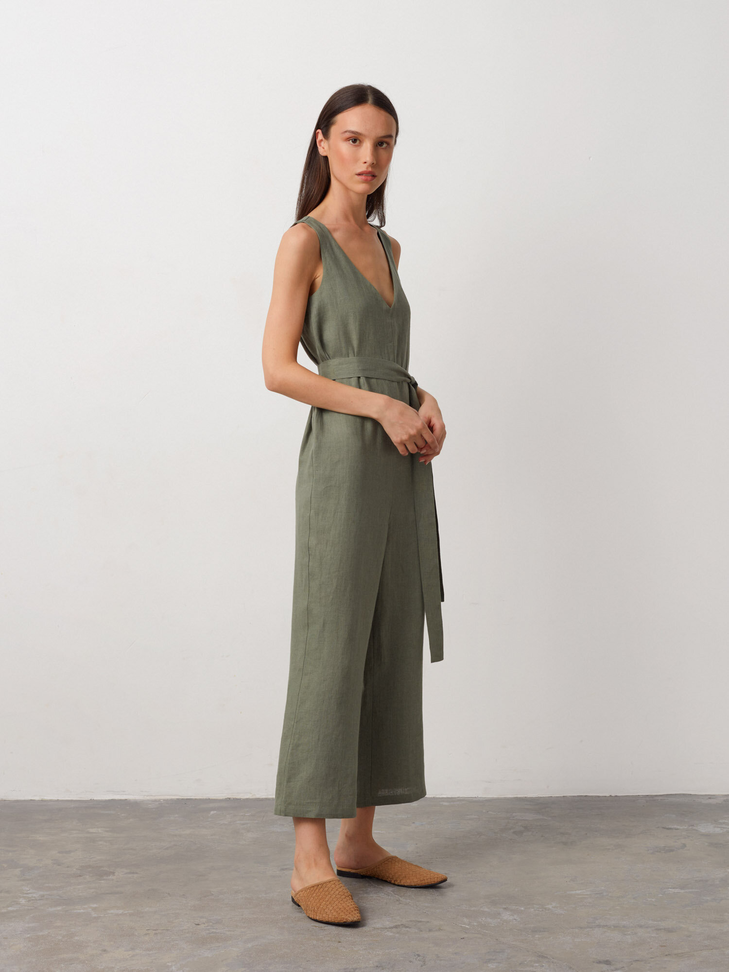MADELINE Sleeveless Linen Jumpsuit in Sage Green - Image 3