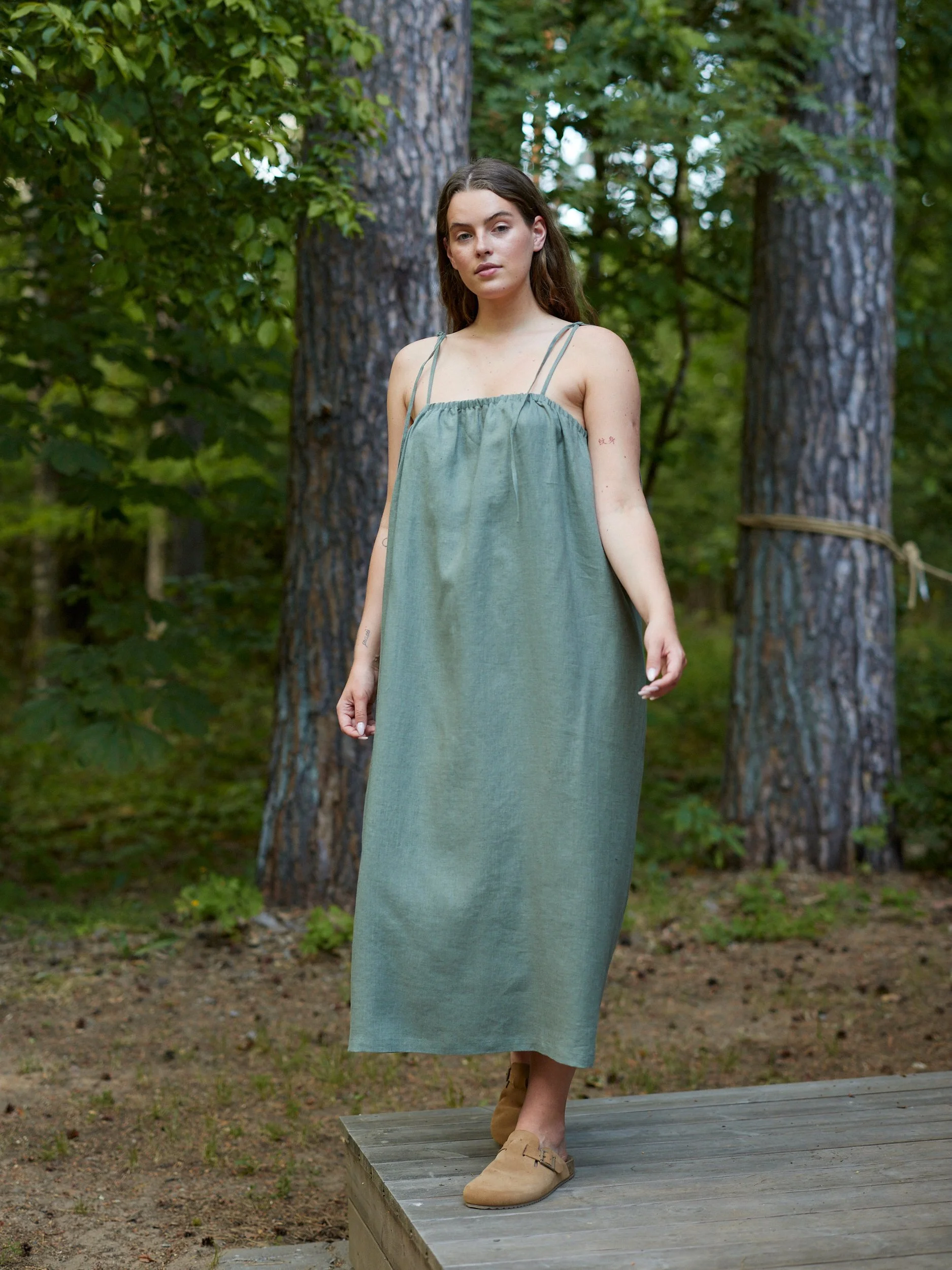 Image 2 of MINT Linen Tie Shoulder Dress in Sage Green from Love and Confuse