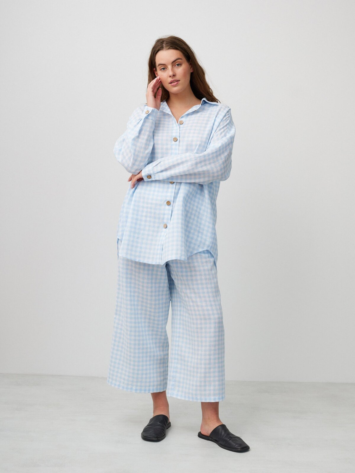 PINE Pellava kauluspaita Ruudullinen Vaaleansininen — sivulta