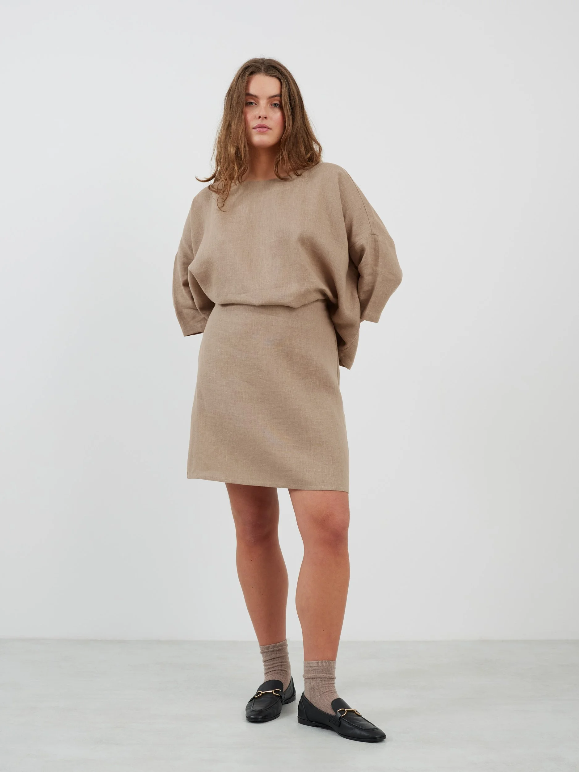 Image 2 of ROSIE Linen A-line Mini Skirt in Sand Brown from Love and Confuse