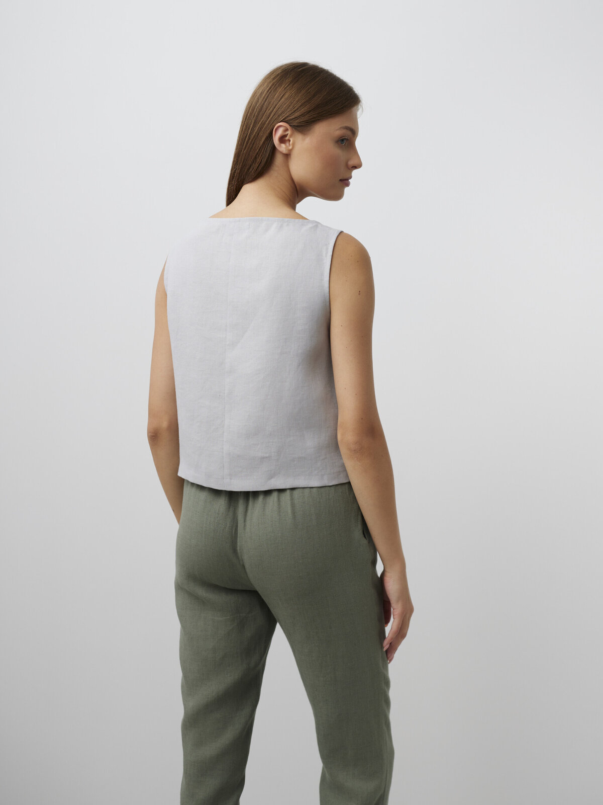 SONATE lyhyt pellavatoppi Helmenharmaa — yksityiskohta