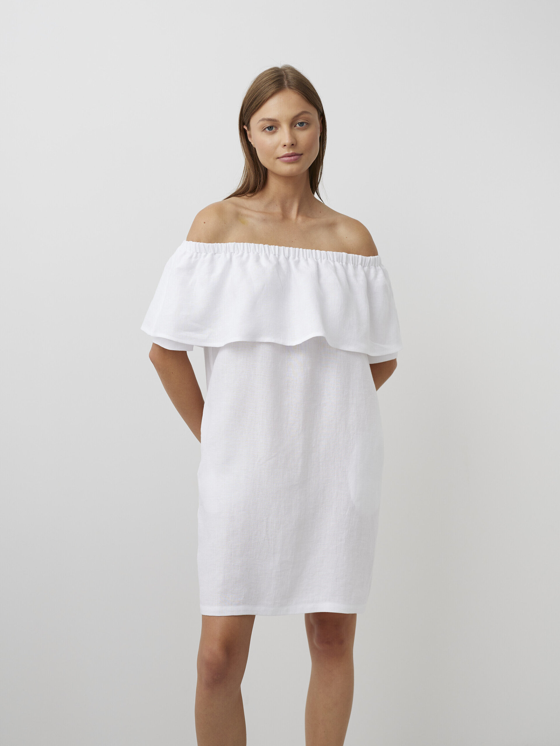 Olkapäätön pellavamekko THALIA, Valkoinen - Image 1