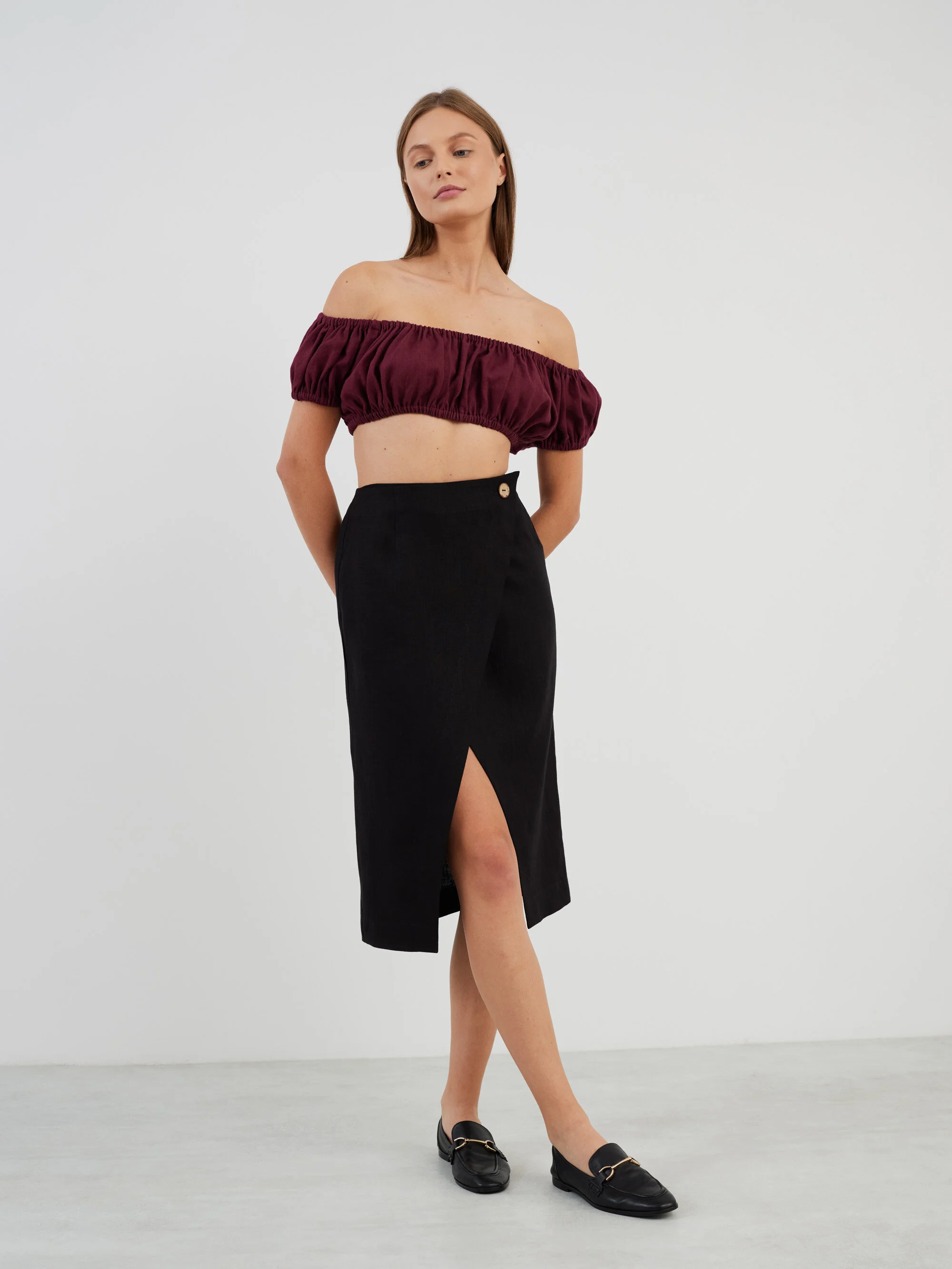 Image 4 of VALENTINA Linen Off Shoulder Crop Top in Eggplant from Love and Confuse