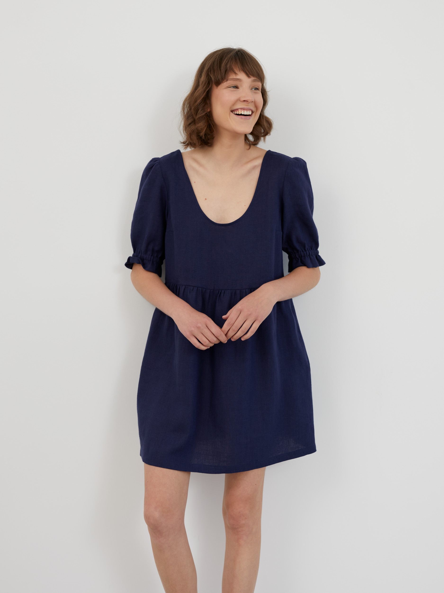 Babydoll Linen Mini Dress with Puff Sleeves ZAHARA - Image 2